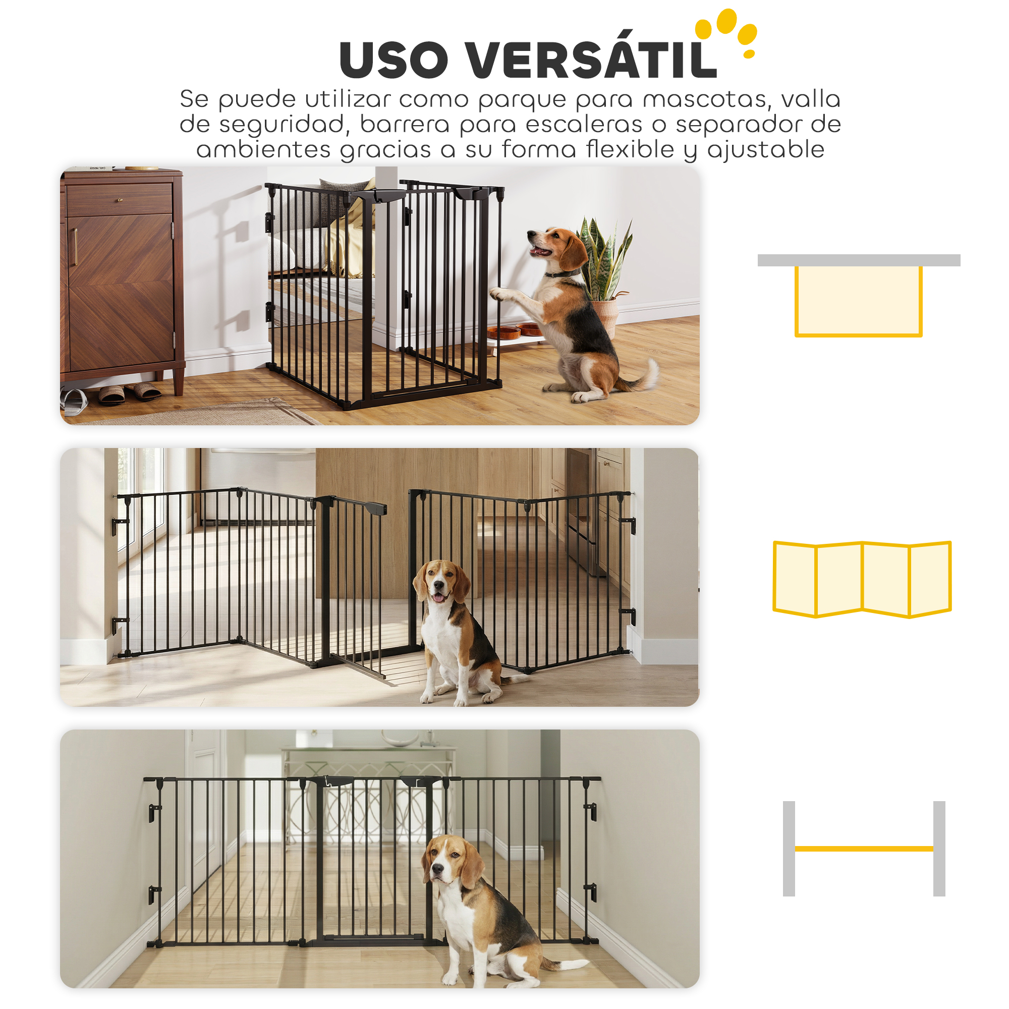 Un perro beagle está frente a una puerta de seguridad de metal negro en una casa.