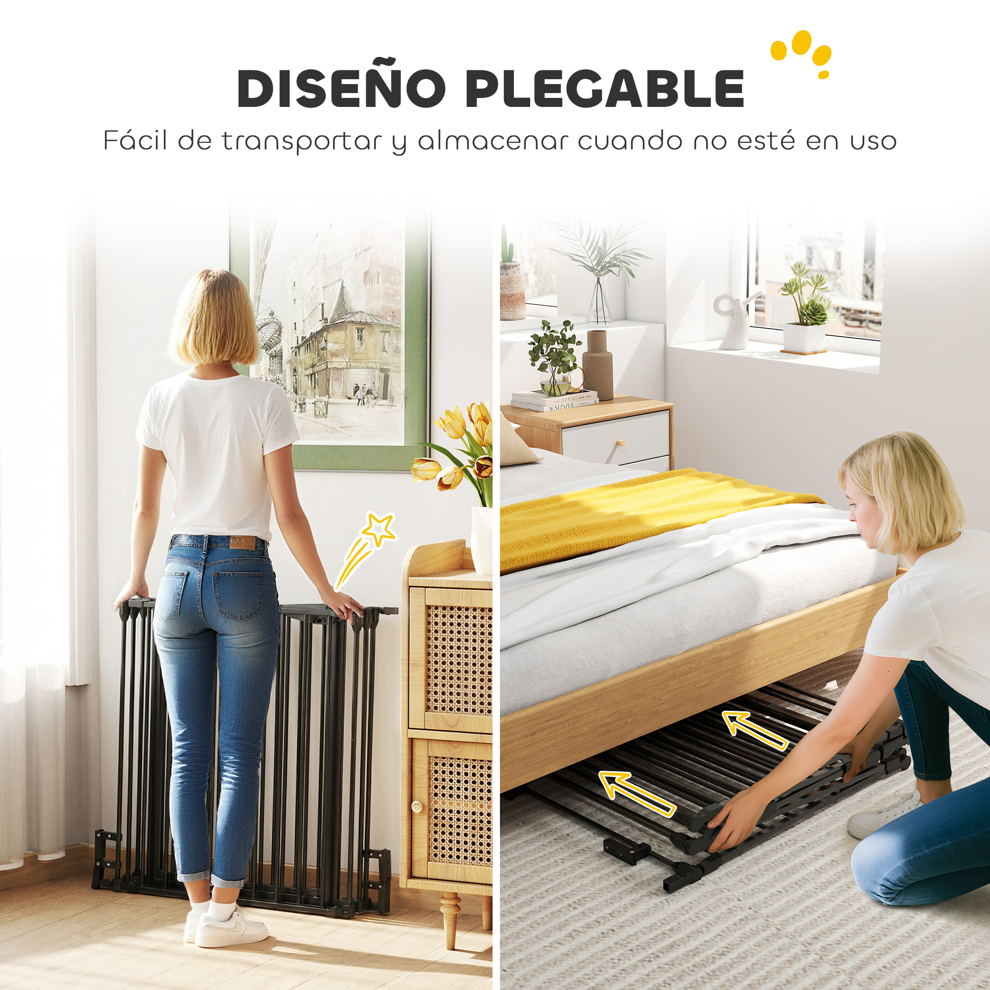 Mujer pliega reja negra bajo cama; otra mujer cerca. Diseño plegable.