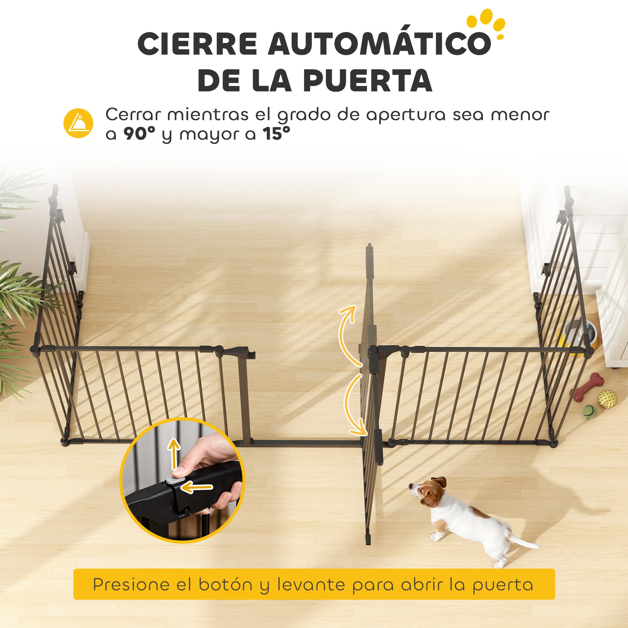 Un perro frente a una puerta de mascota negra con juguetes al lado.