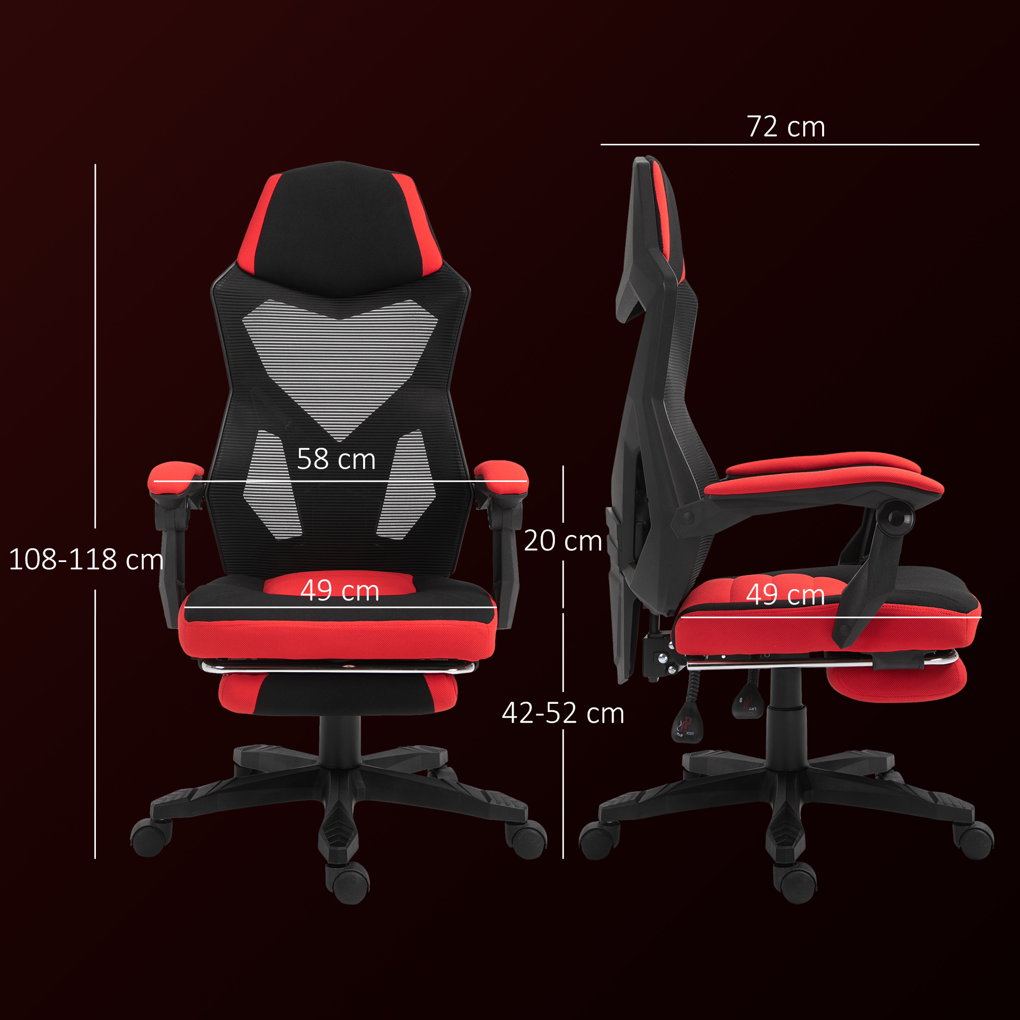 Silla gamer negra y roja con medidas y ruedas, vistas frontal y lateral.