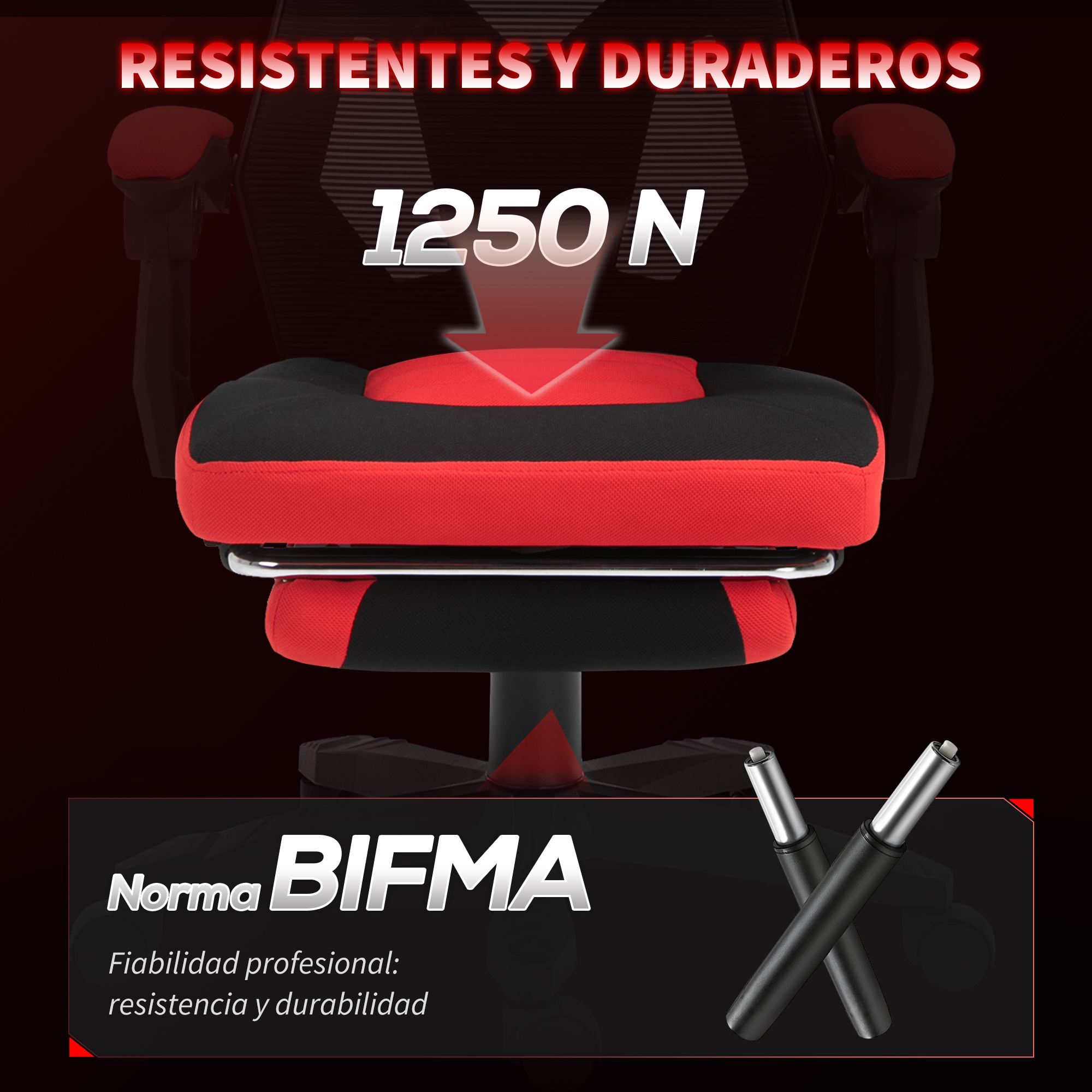 Silla de oficina roja y negra con calificación de 1250 N y norma BIFMA.