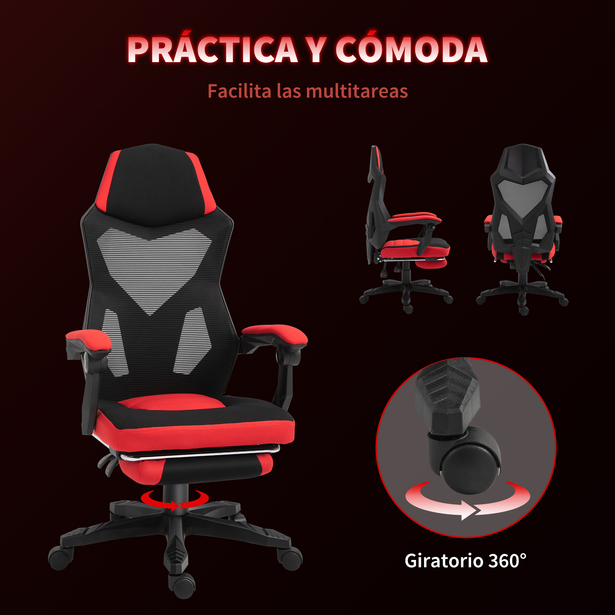 Silla gamer negra y roja con respaldo de malla y ruedas 360°.