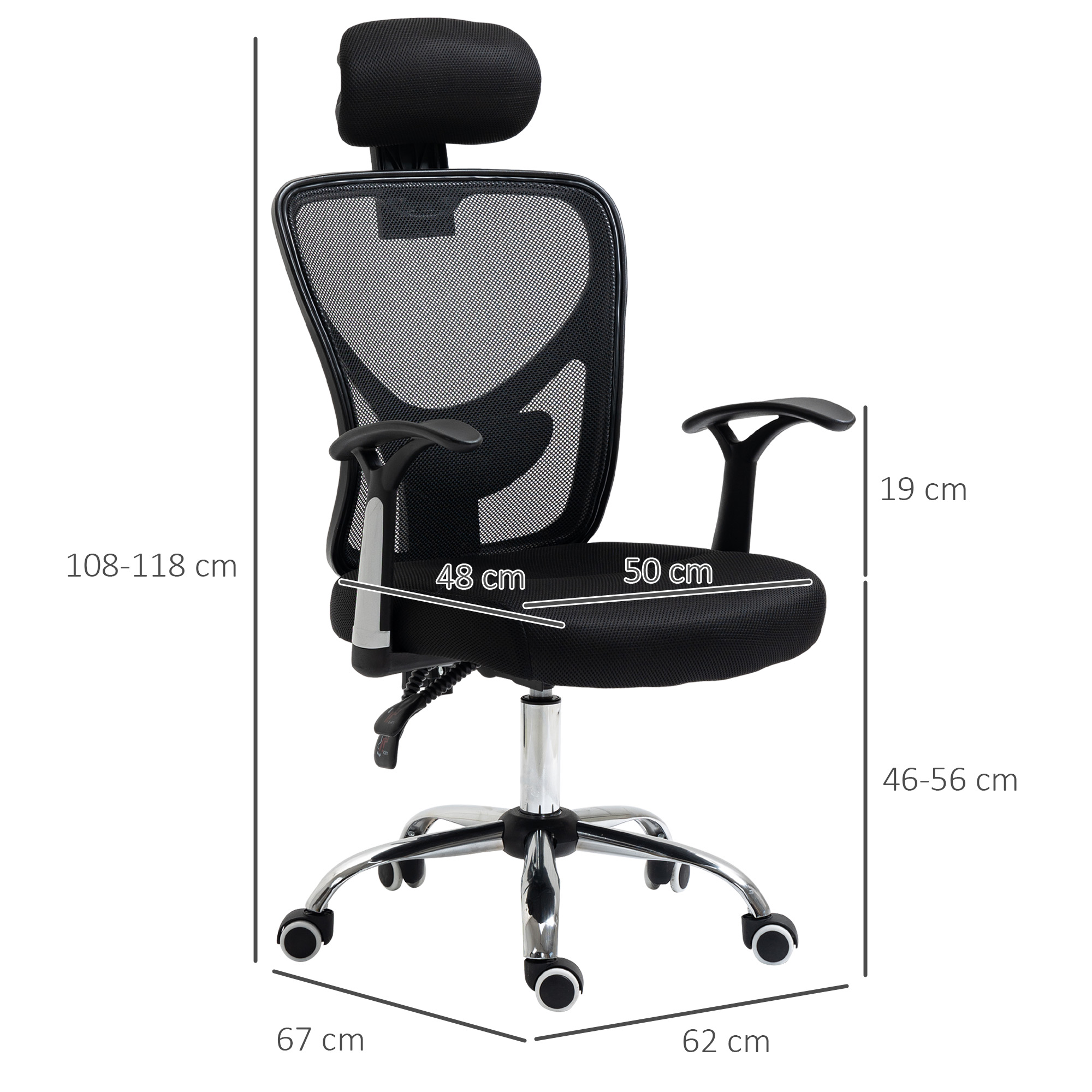 Silla de oficina ergonómica negra con respaldo de malla, medidas indicadas.