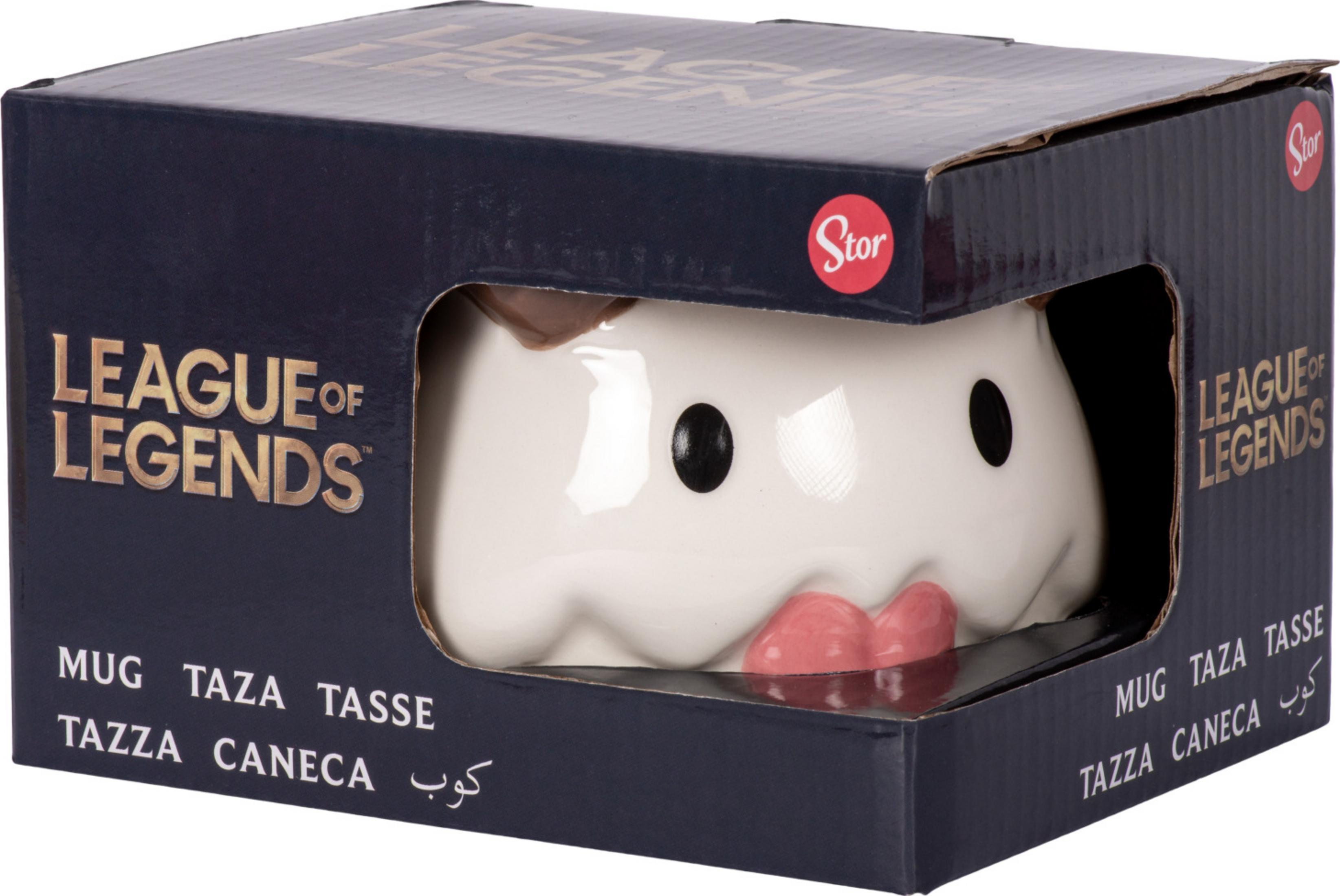 Mug blanc avec logo "League of Legends" sur emballage sombre.