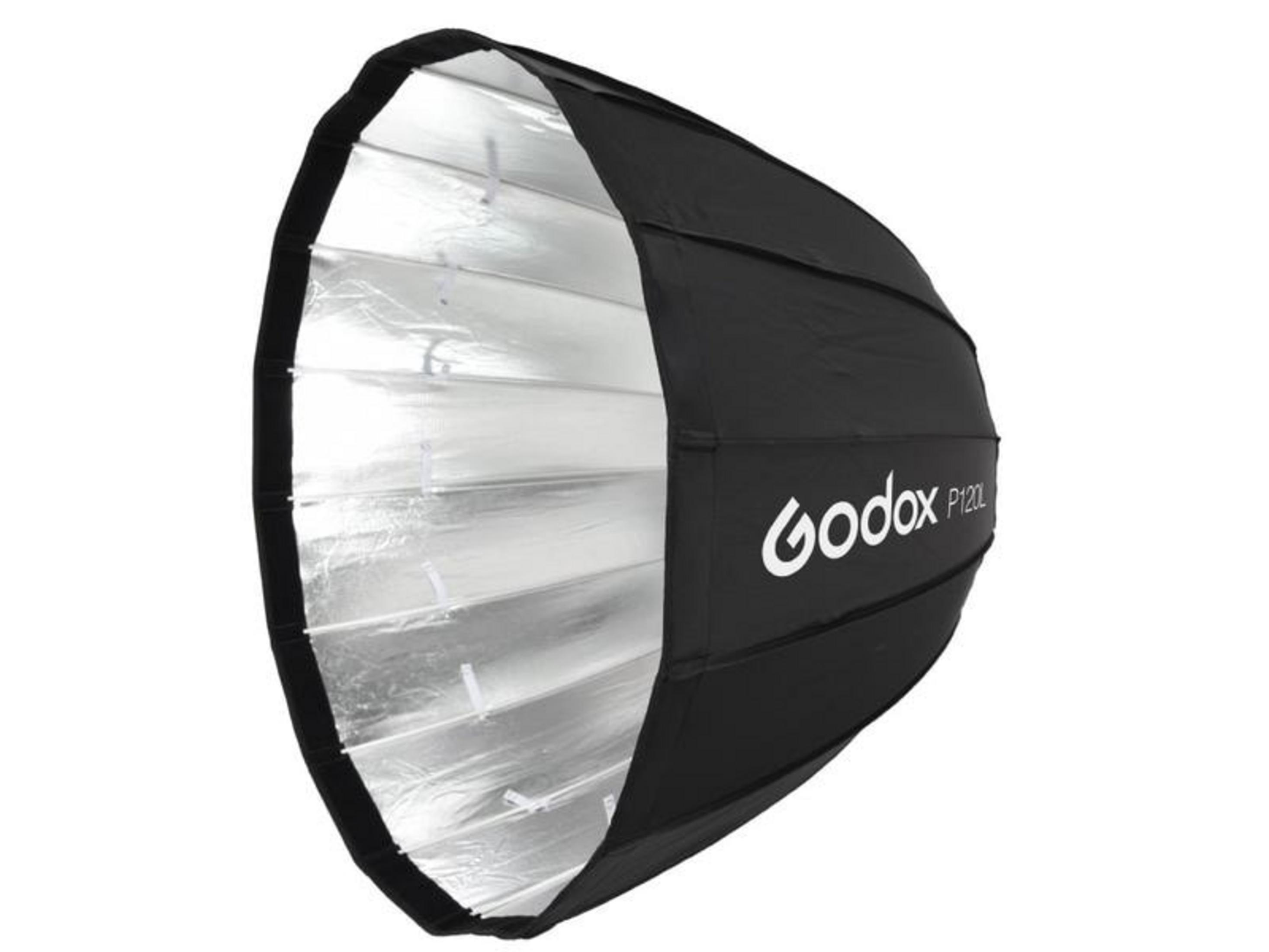 Ein schwarzer Godox P120L-Reflektor mit silberner Innenseite steht auf weißem Hintergrund.
