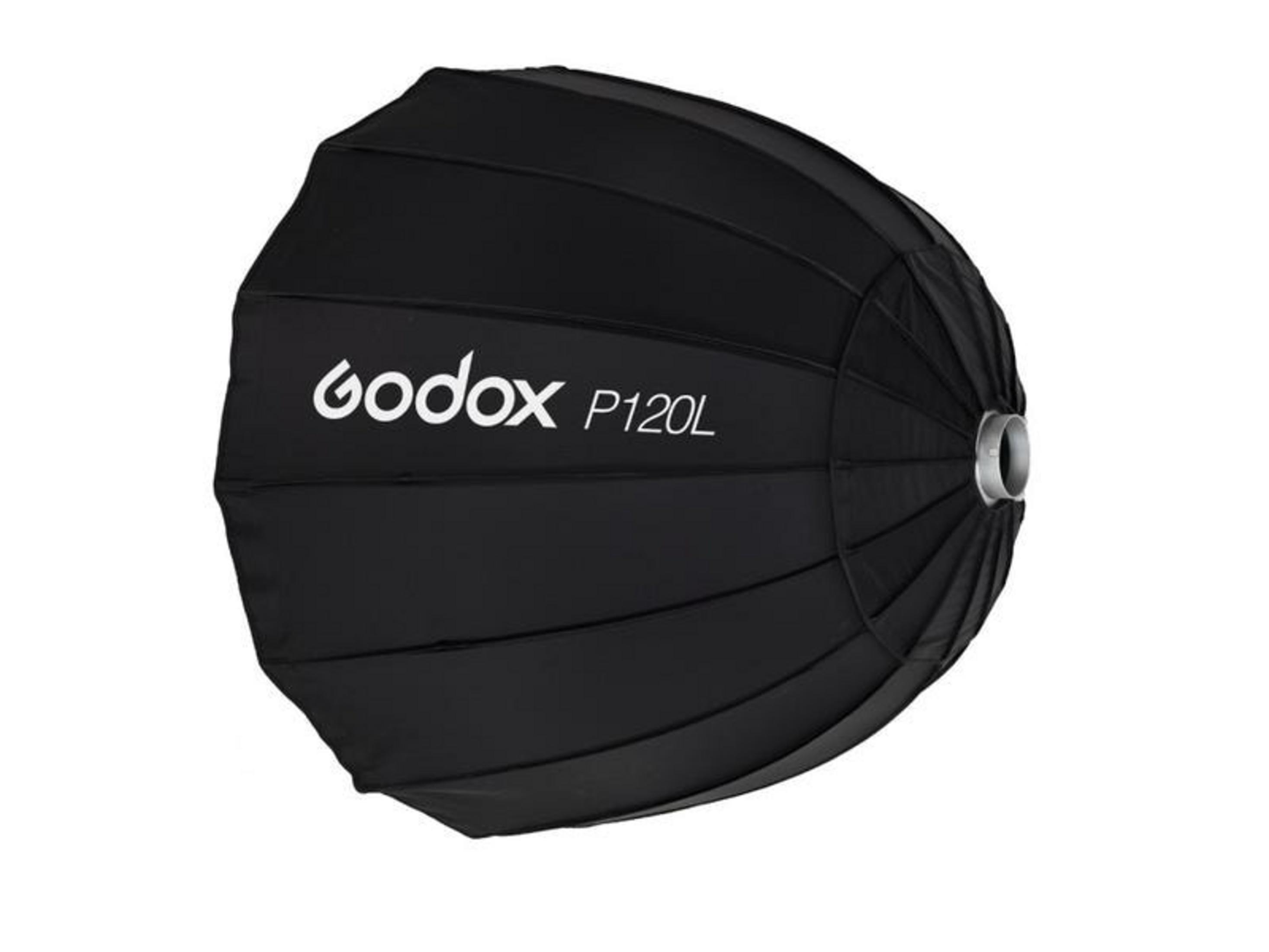 Schwarzer Godox P120L Softbox-Reflektor auf weißem Hintergrund.