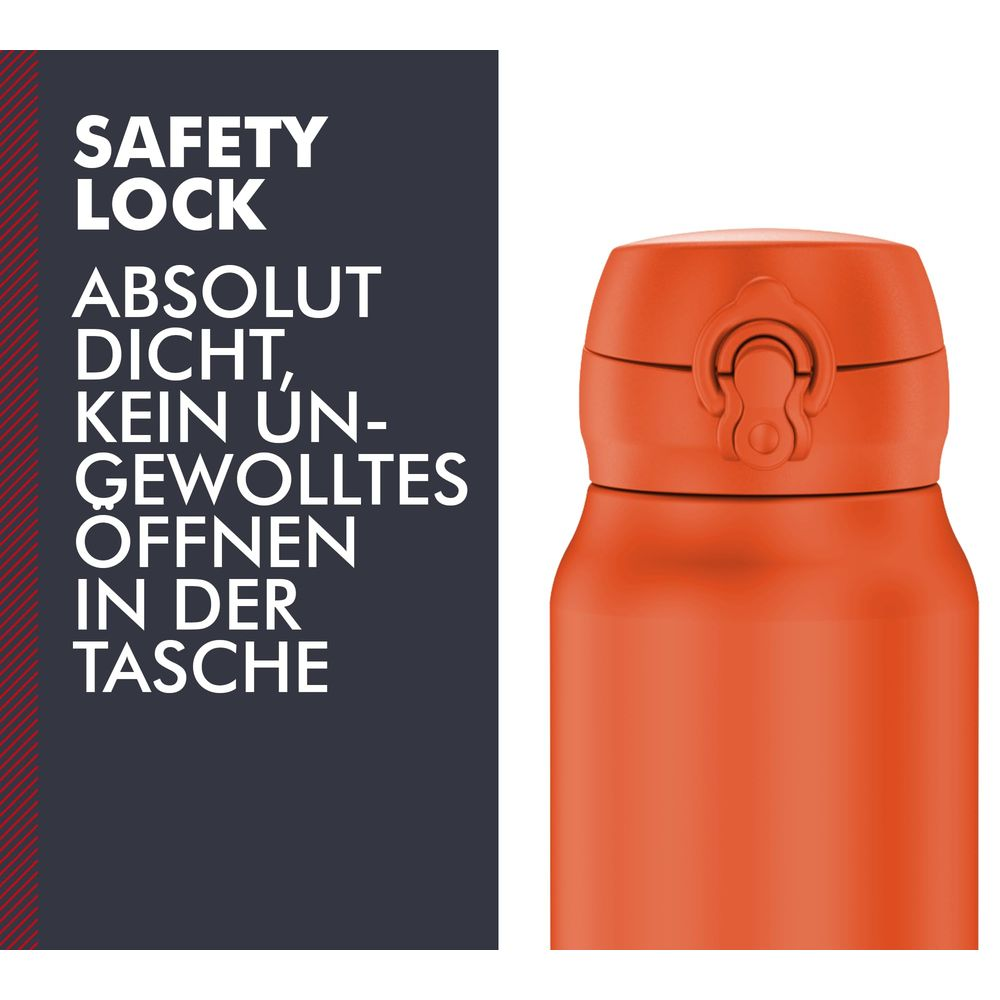 Orangefarbene Thermoskanne mit Sicherheitsverschluss. Text: Safety Lock.