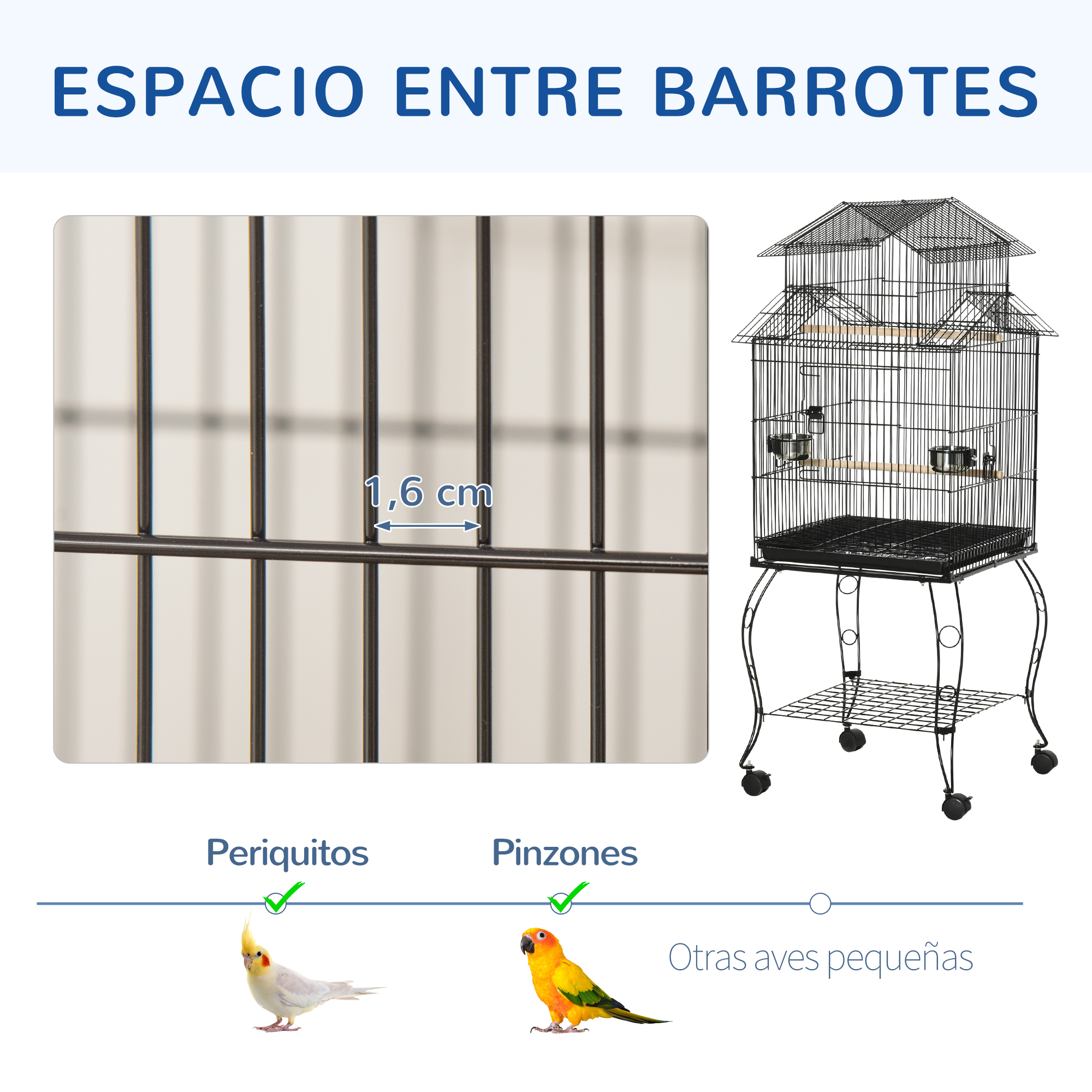 Jaula para pájaros con 1,6 cm de espacio entre barrotes, mostrando una cacatúa y un conuro.