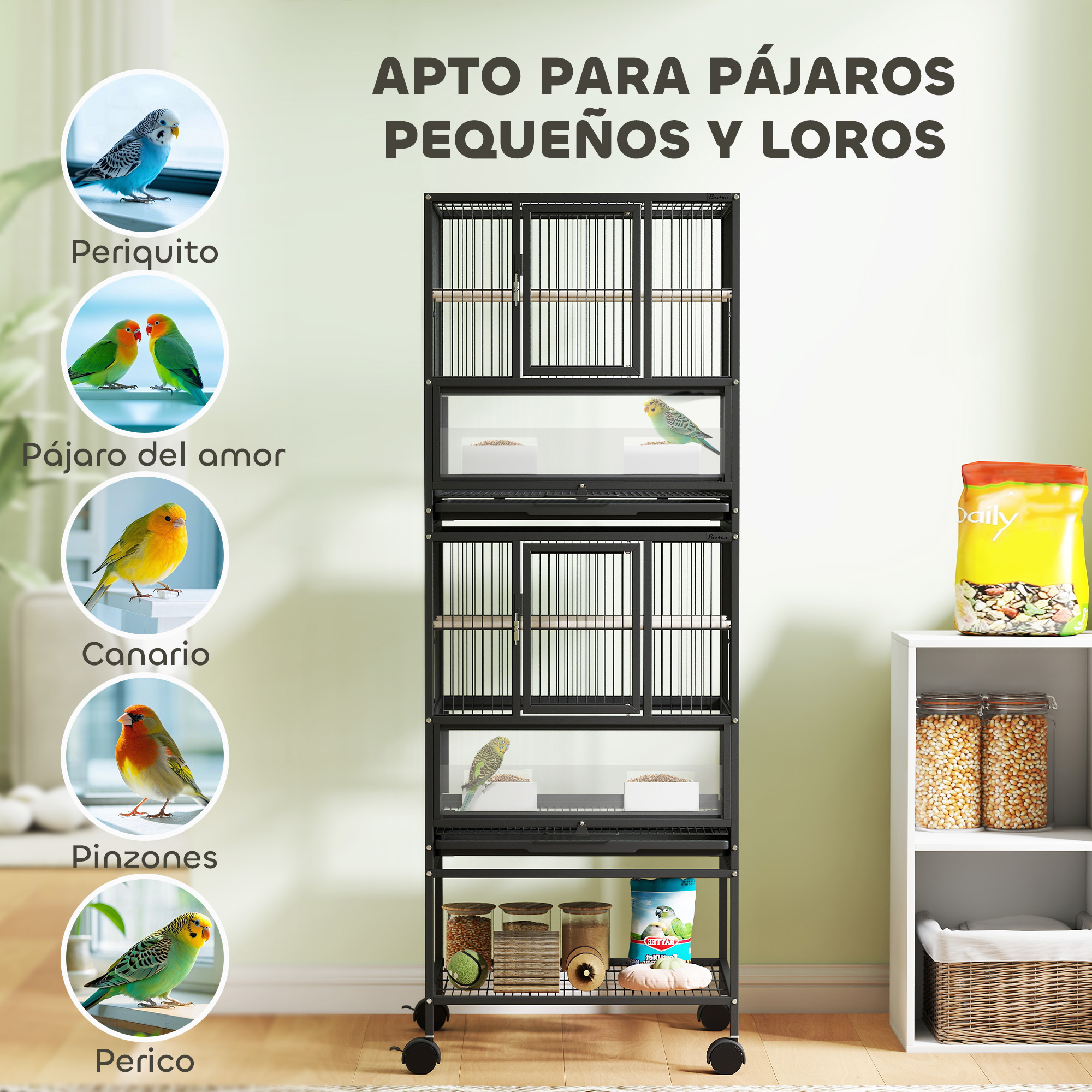 Una jaula para pájaros de varios niveles con pájaros y comida.