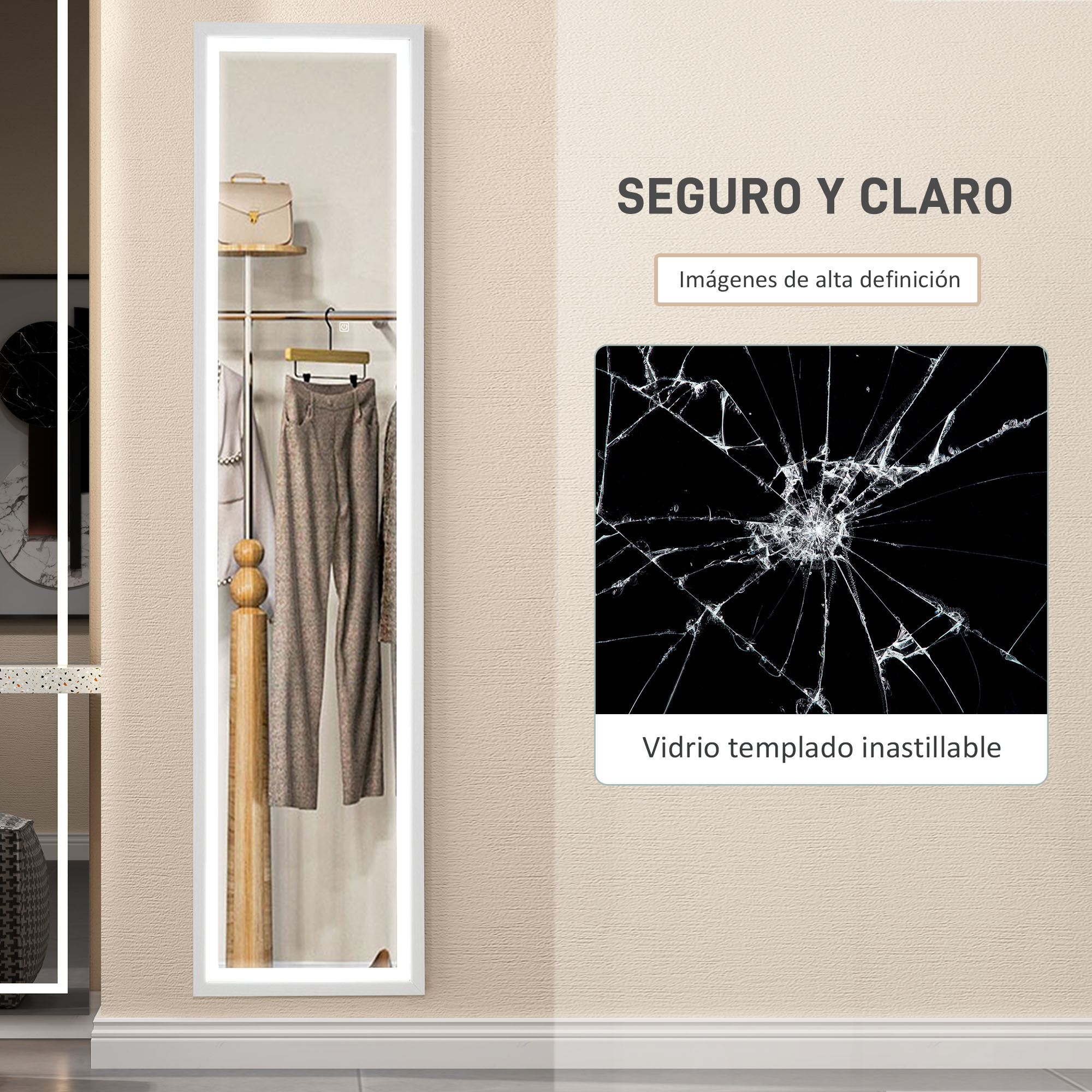Un espejo alto con ropa y un bolso. Al lado, un cristal roto.