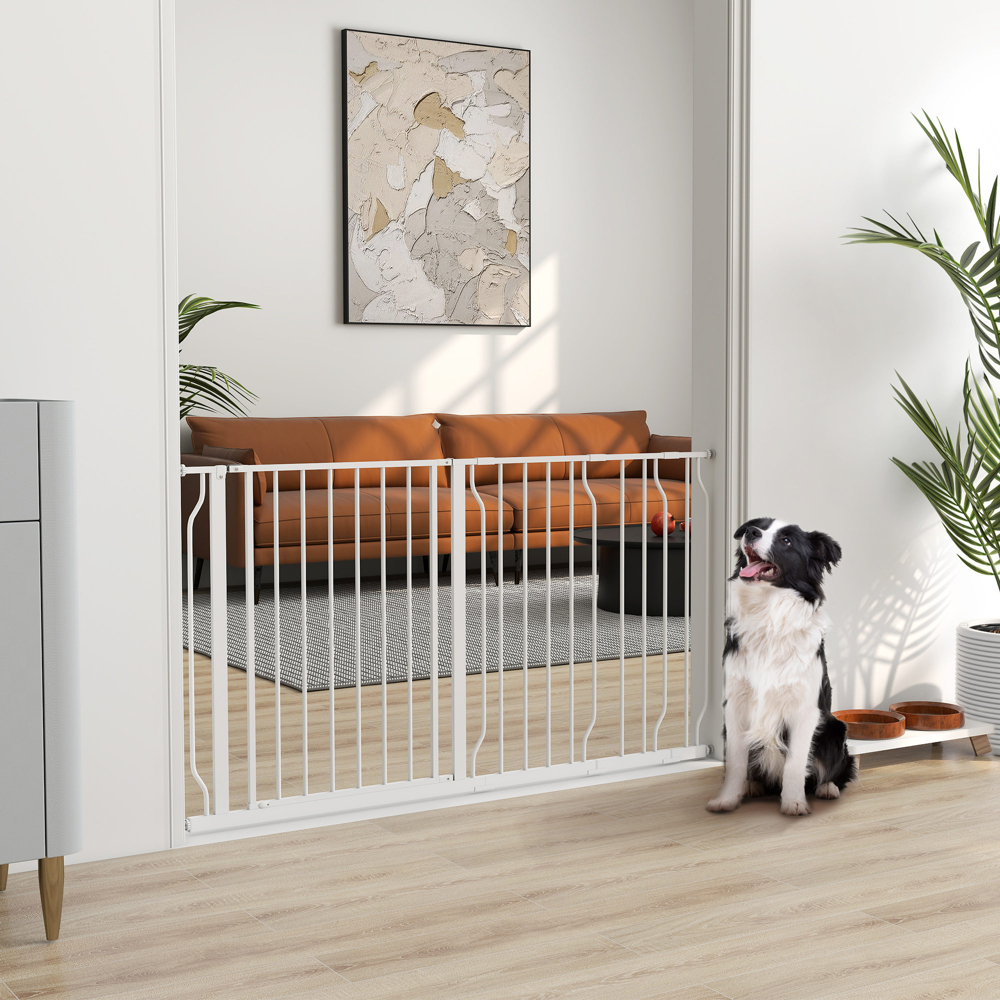 Un border collie se sienta junto a una barrera blanca en una sala.