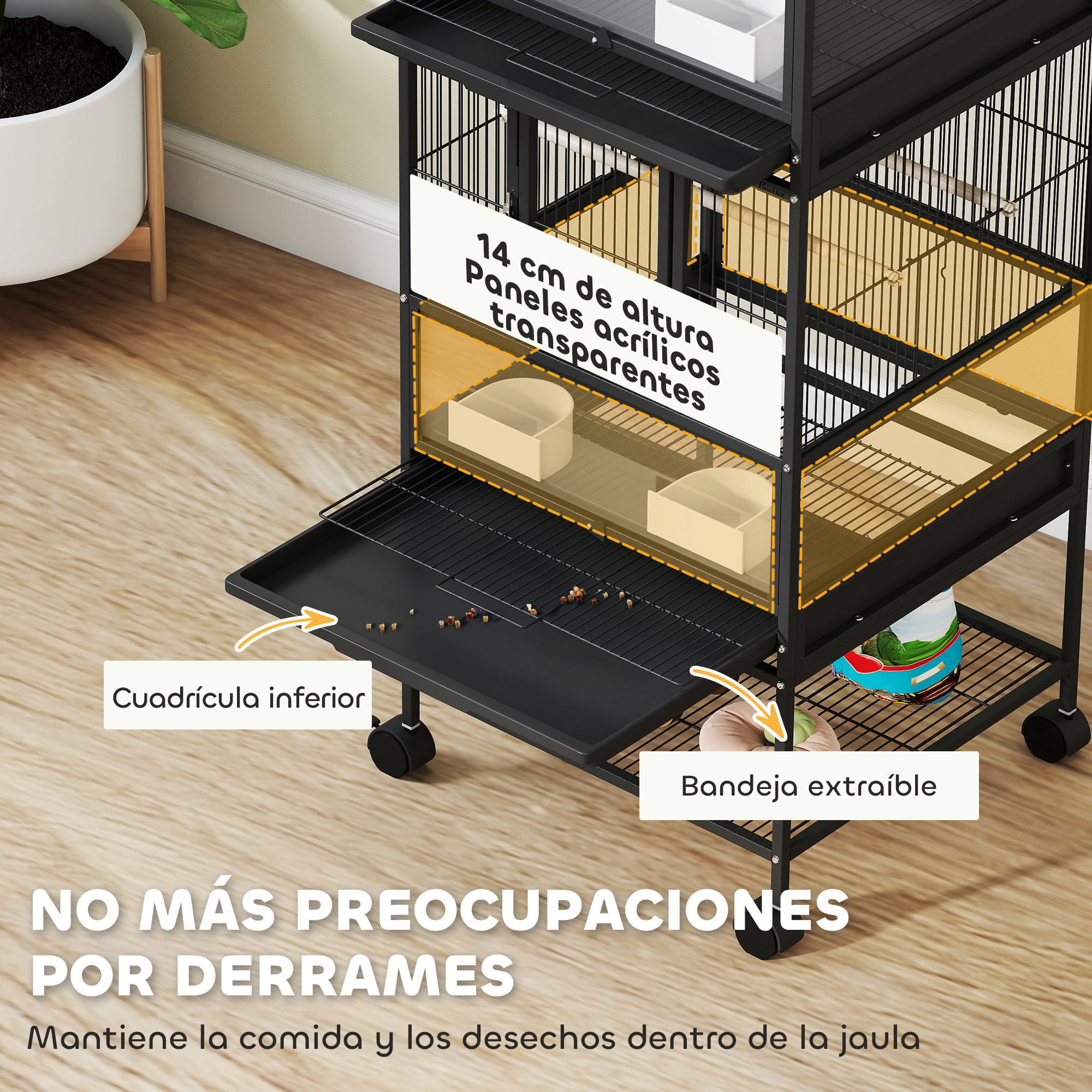 Una jaula negra con paneles acrílicos transparentes y bandeja extraíble.