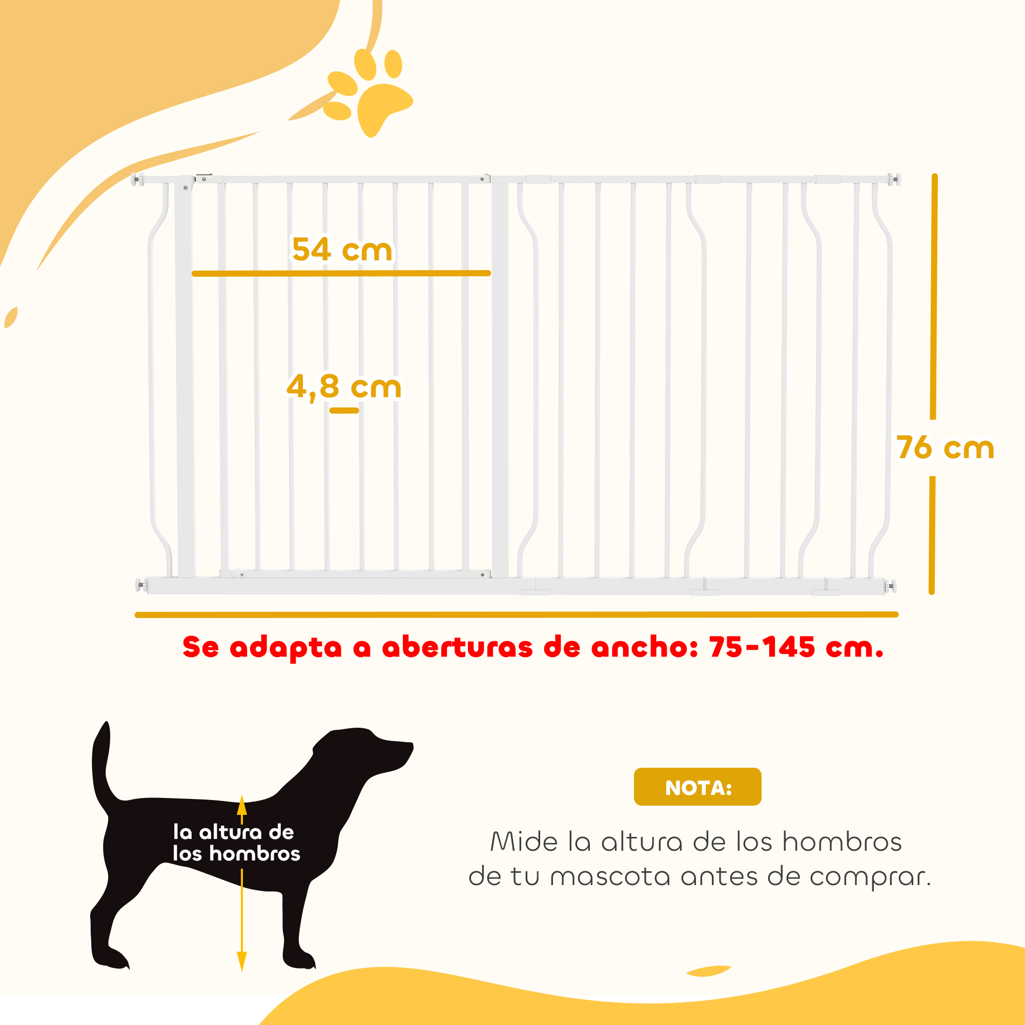 Puerta blanca para mascotas, 76cm alto, para huecos de 75-145cm.