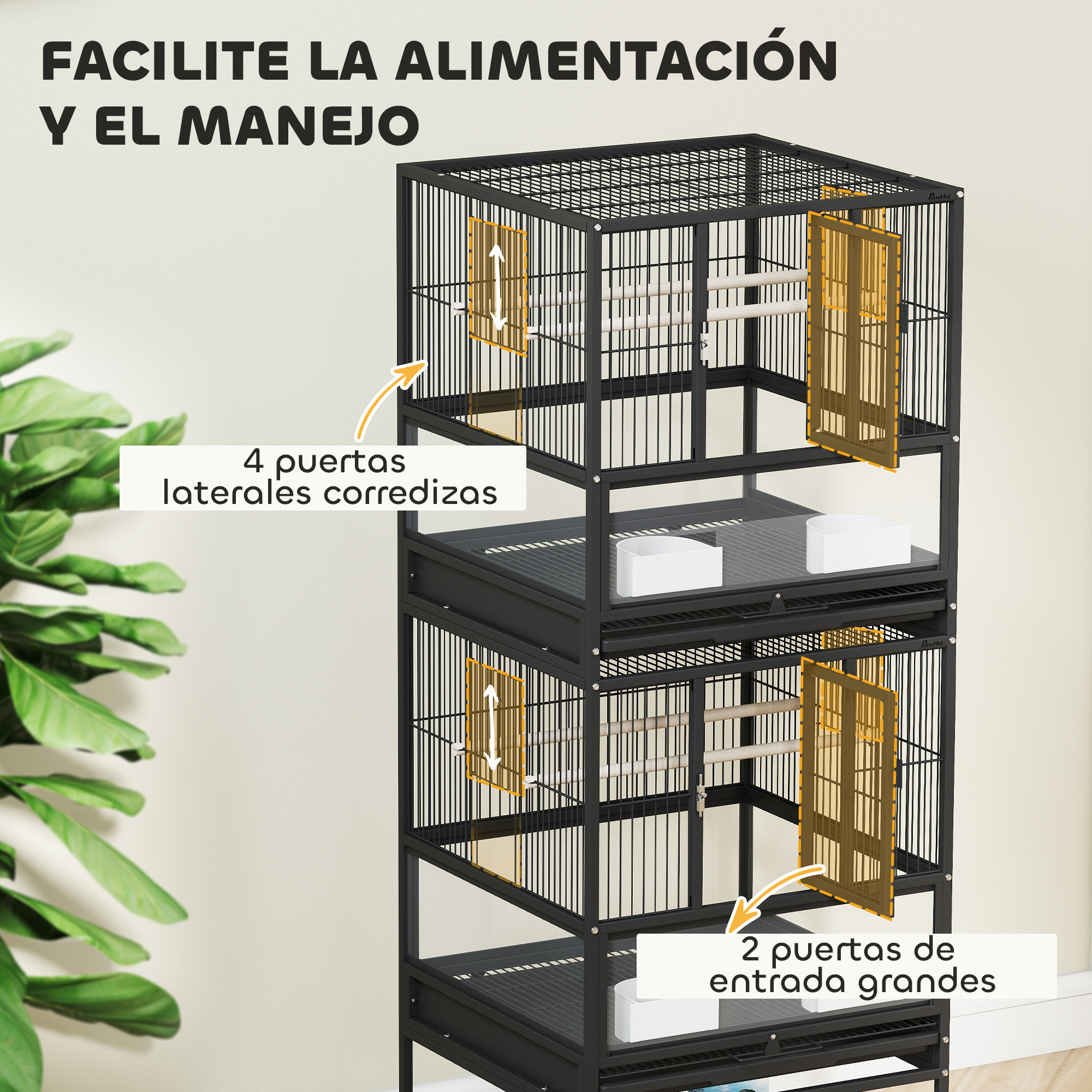 Una jaula negra de tres niveles con varias puertas, con plantas al frente.