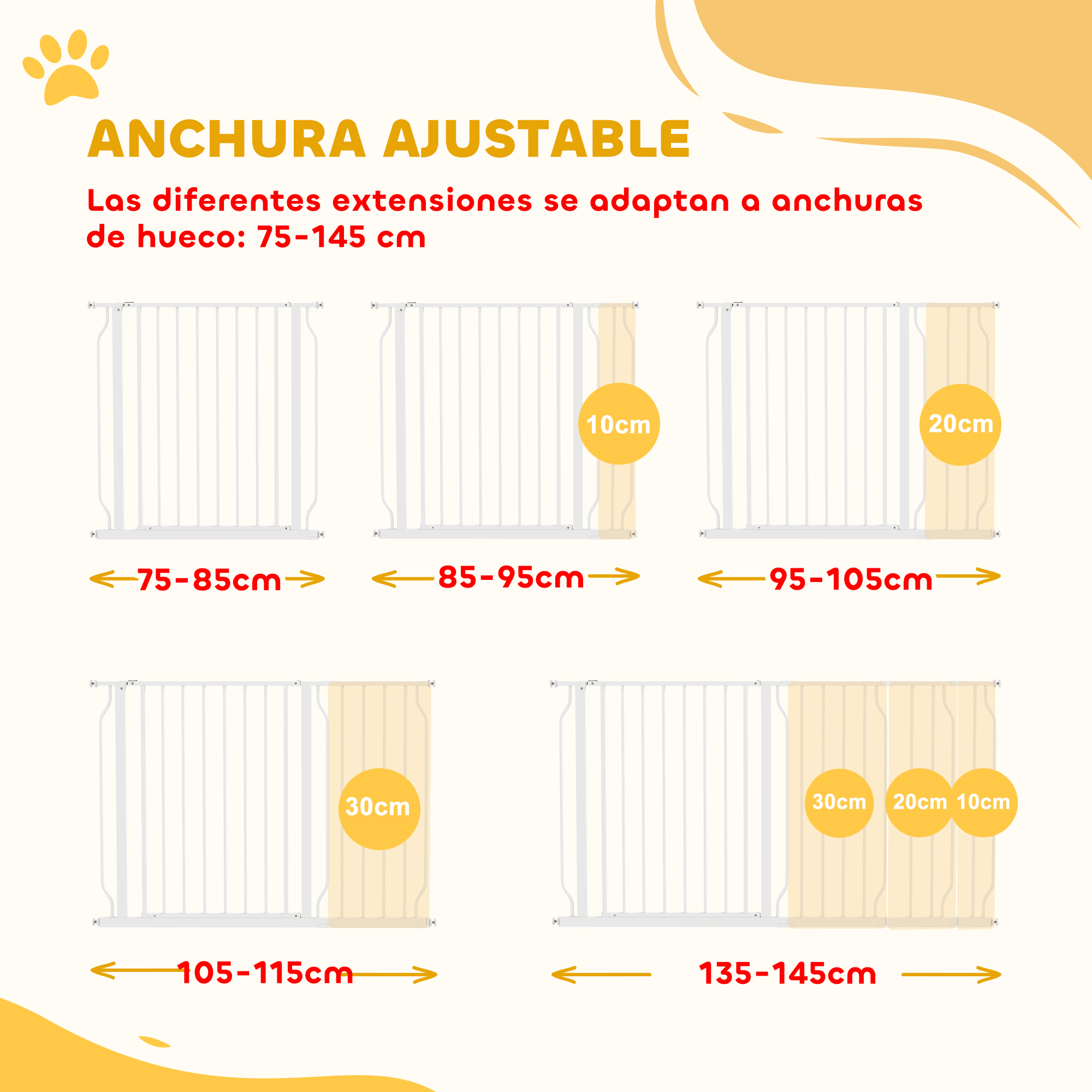 Ancho ajustable con extensiones para huecos de 75-145 cm.