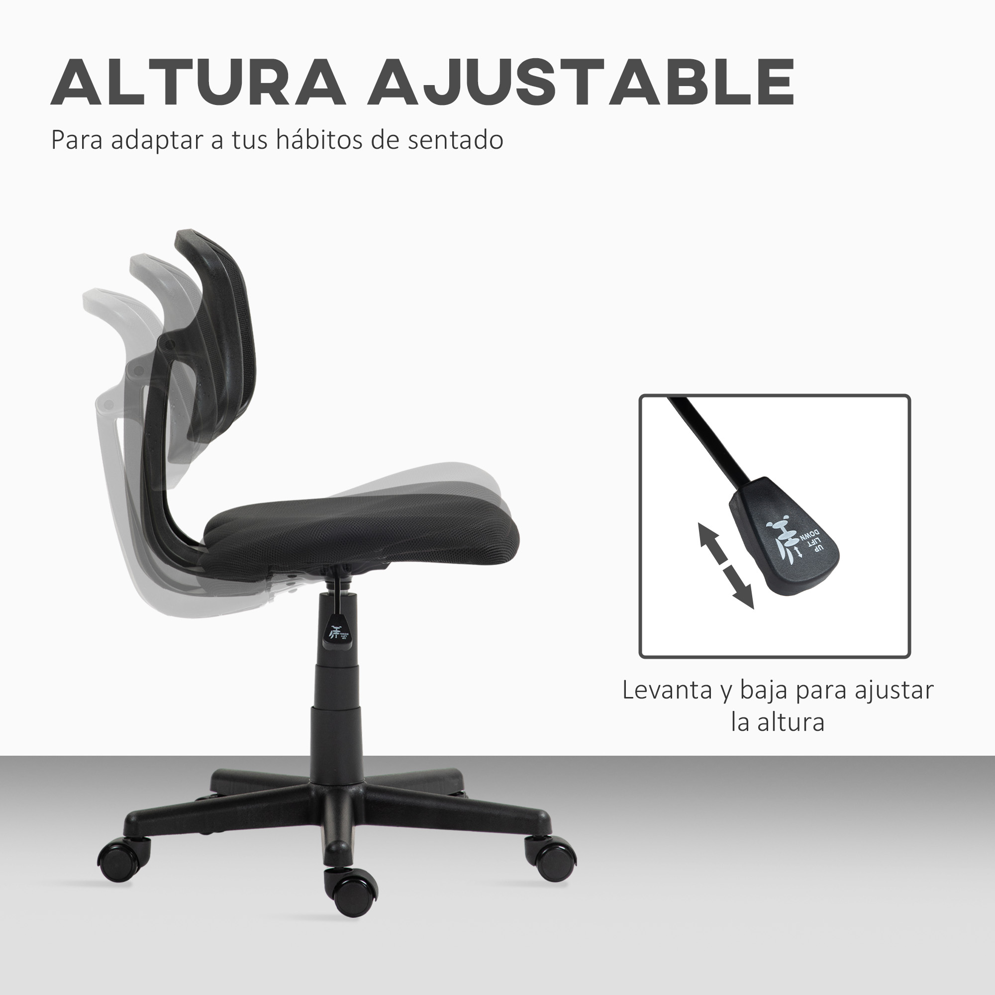 Silla de oficina negra con altura ajustable y ruedas. Se ve una palanca para ajustar.