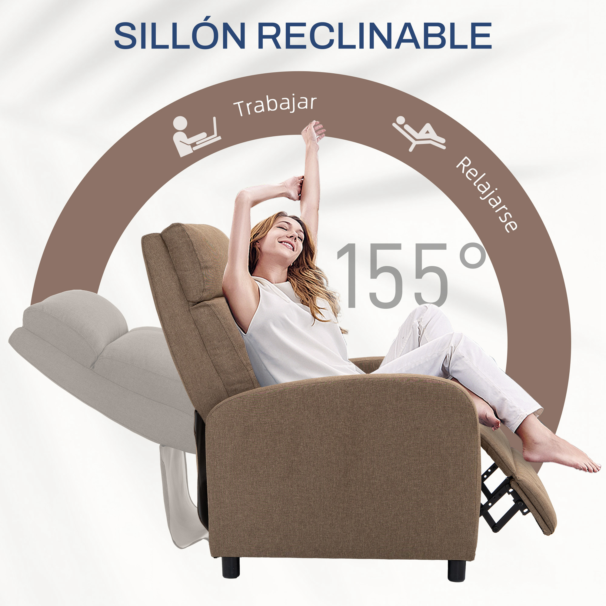 Mujer en sillón reclinable marrón, reclinándose a 155 grados. Texto: Sillón.