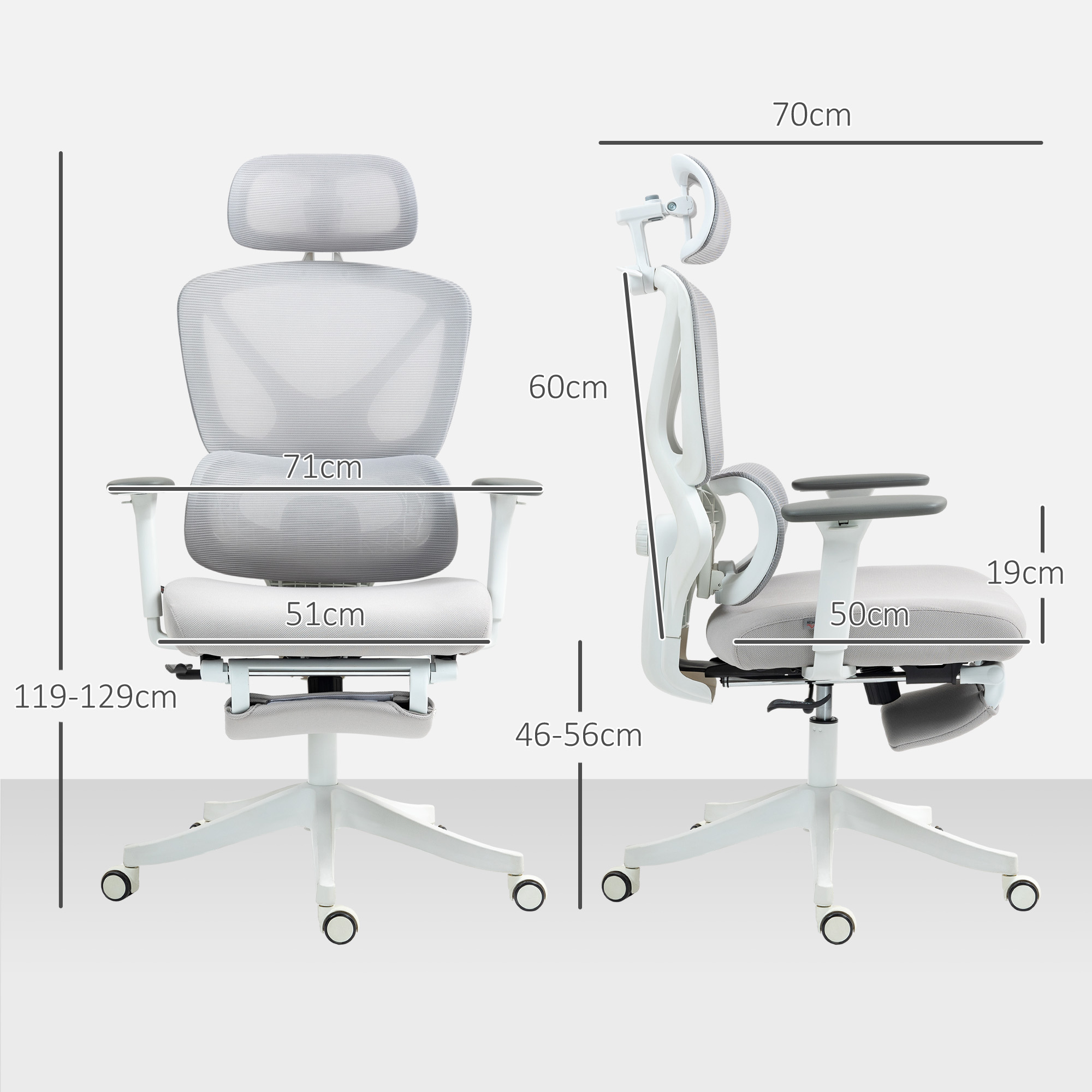 Silla de oficina gris con medidas: 71cm ancho, 51cm profundidad asiento.