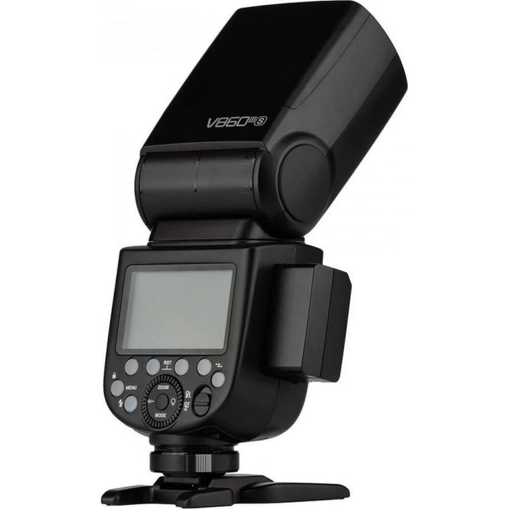 Czarna lampa błyskowa V860III z ekranem LCD i przyciskami sterującymi.