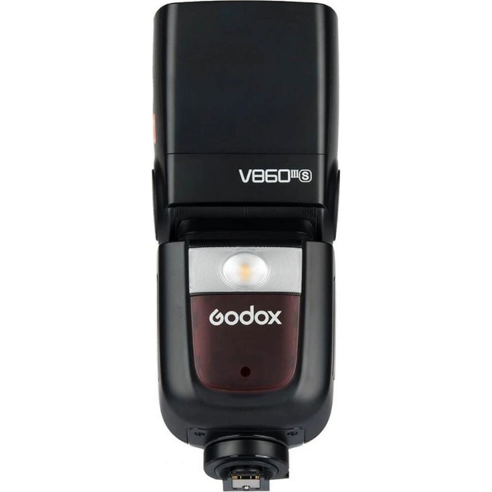 Czarny flesz Godox V860 z srebrnym reflektorem i czerwonym akcentem.