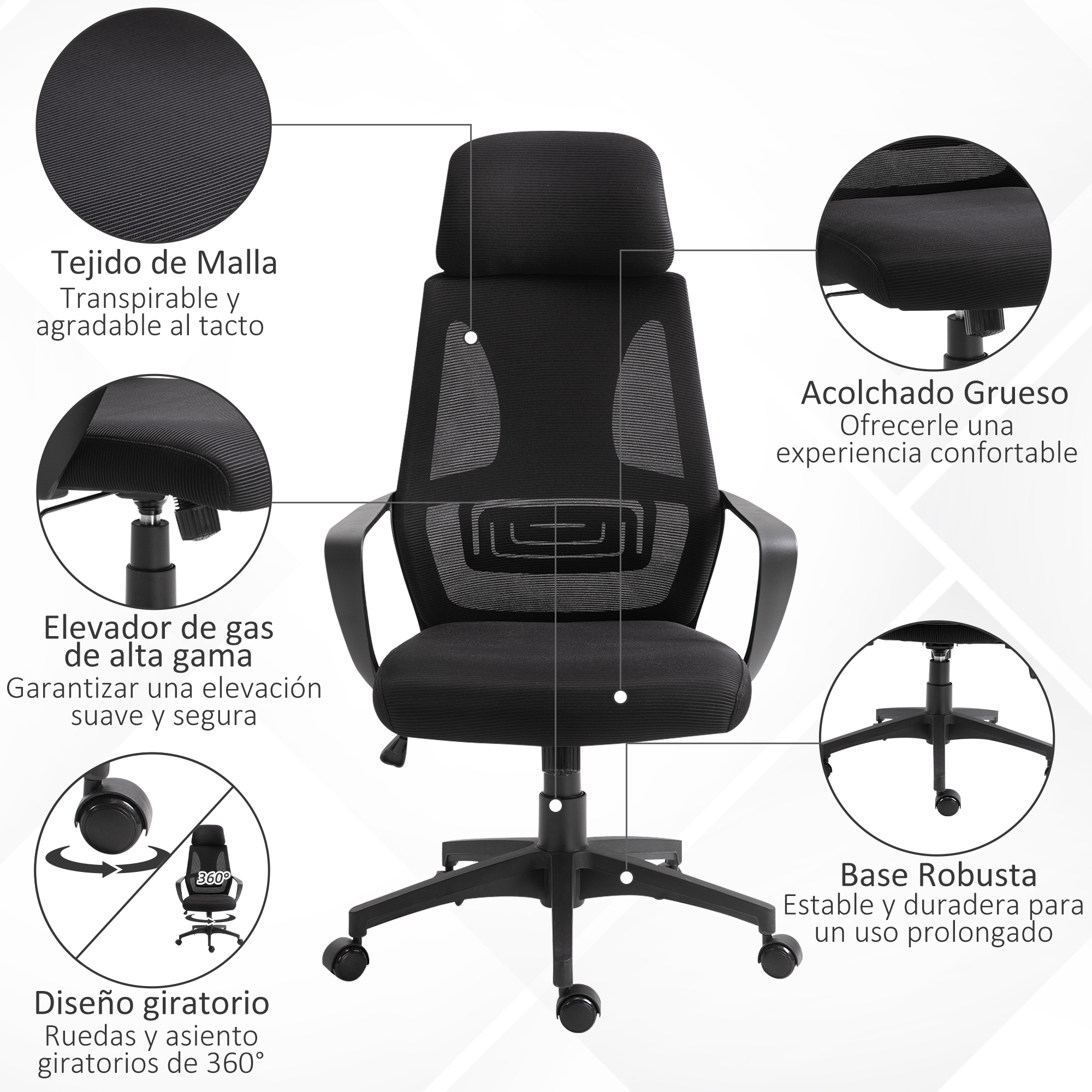 Silla de oficina negra de malla con elevador de gas. Asiento acolchado, base robusta.