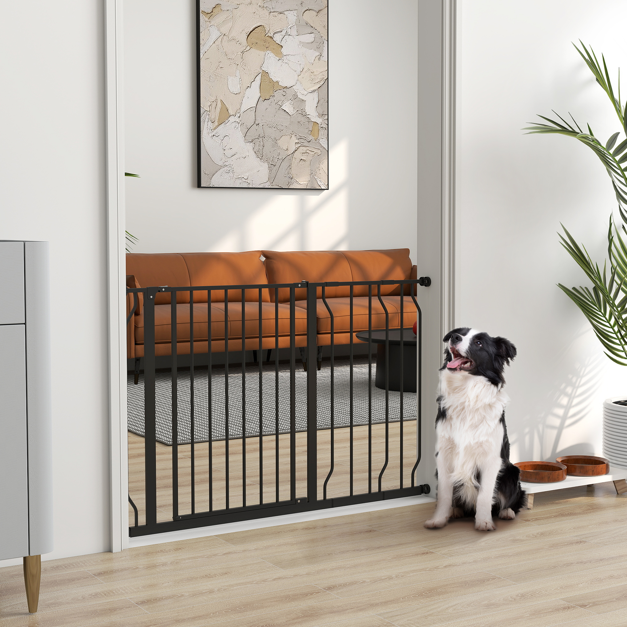 Un Border Collie se sienta ante una puerta negra para mascotas, bloqueando un salón con sofá.