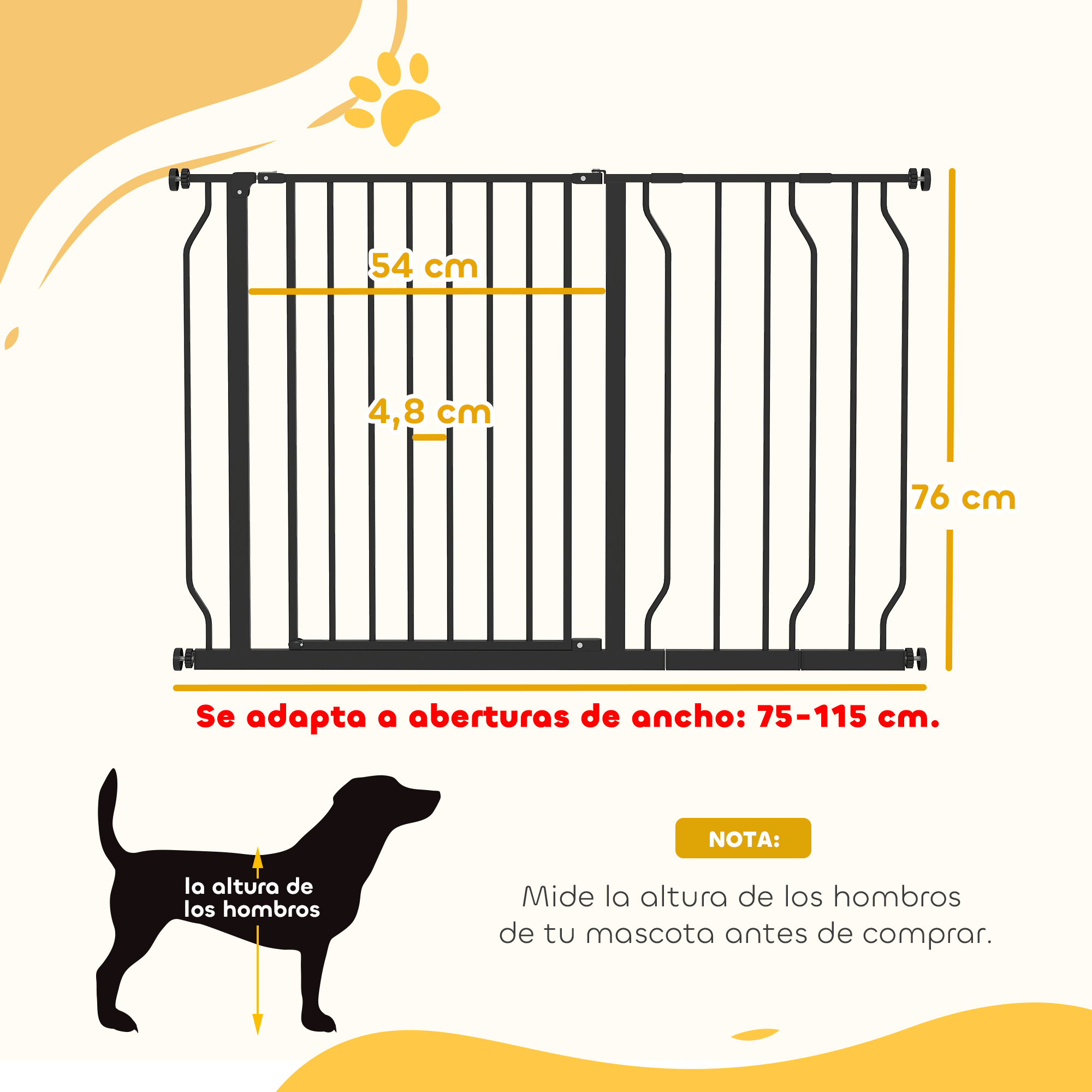 Una puerta para mascotas negra con medidas: 76 cm alto, 54 cm ancho, 4,8 cm.