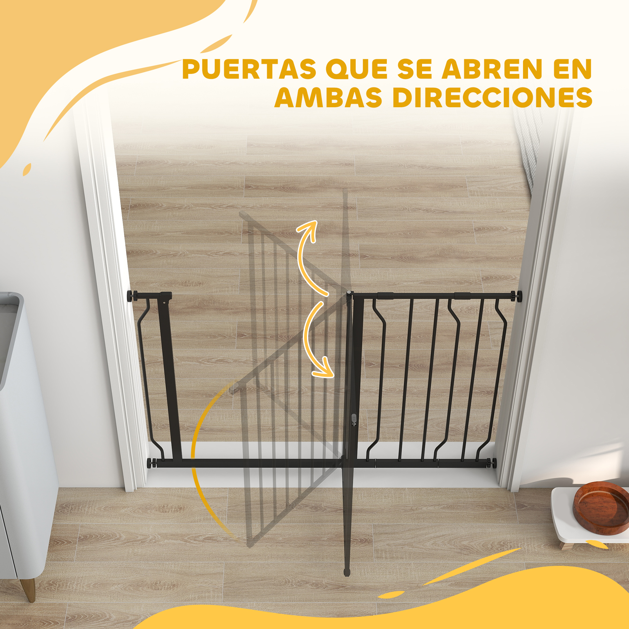 Una barrera de bebé negra se abre en ambas direcciones en un portal.
