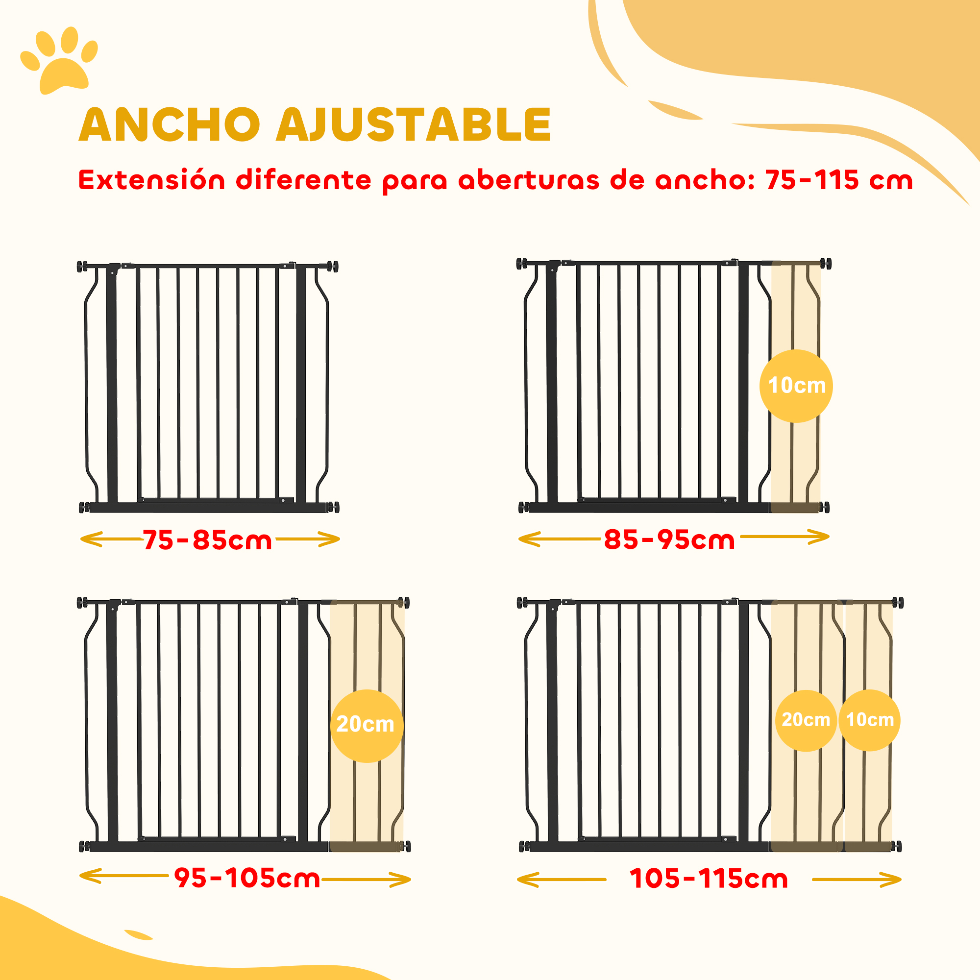 Puerta para mascotas ajustable en cuatro anchos: 75-115 cm.
