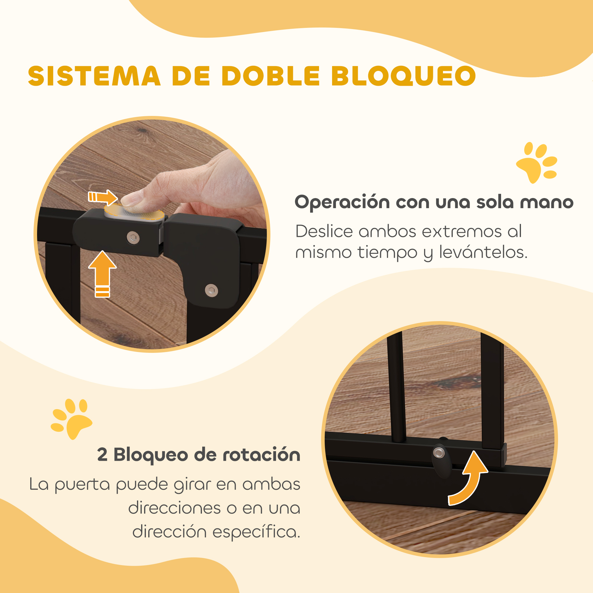 Una mano opera la puerta negra sobre suelo de madera.
