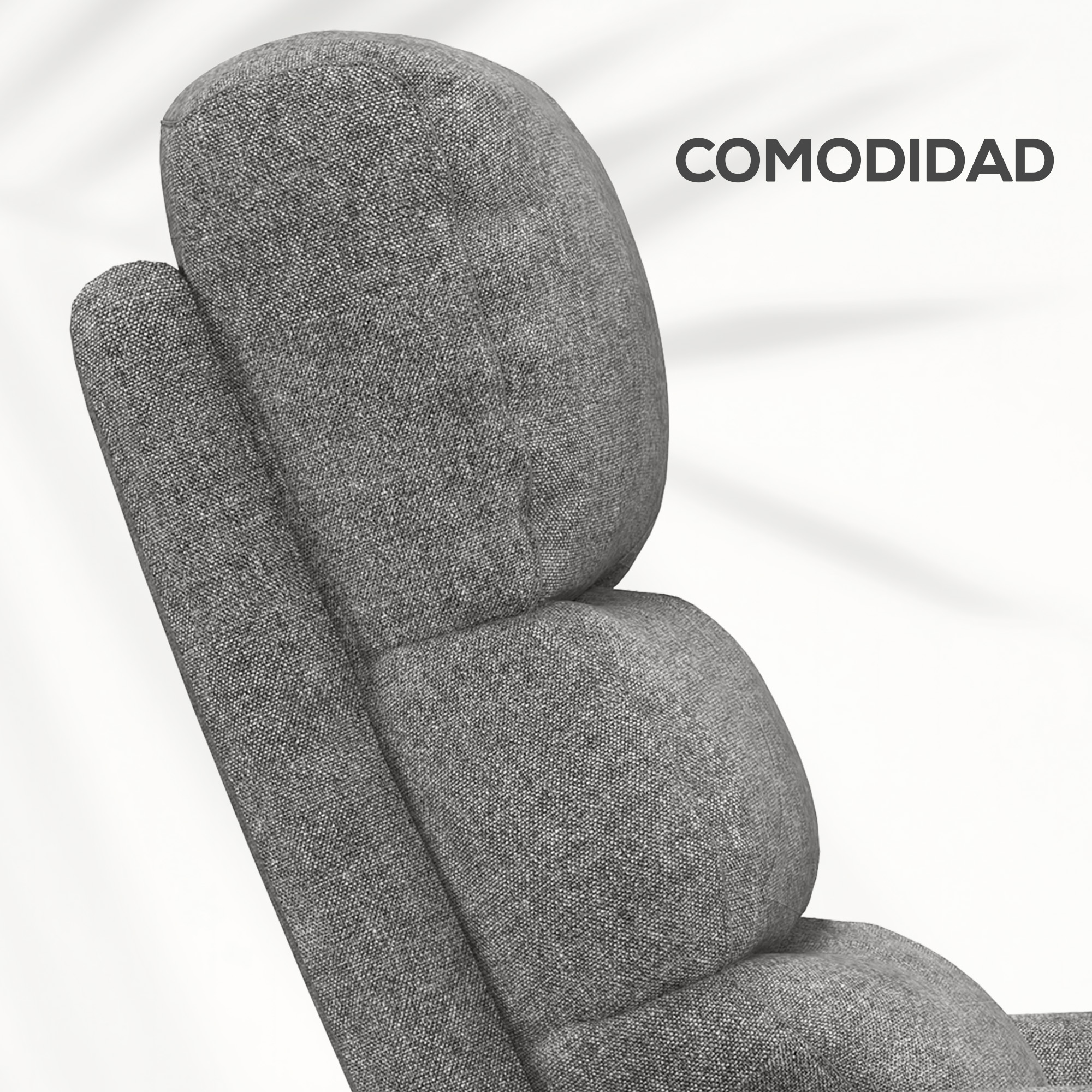 Silla de tela gris con reposacabezas y asiento acolchados.