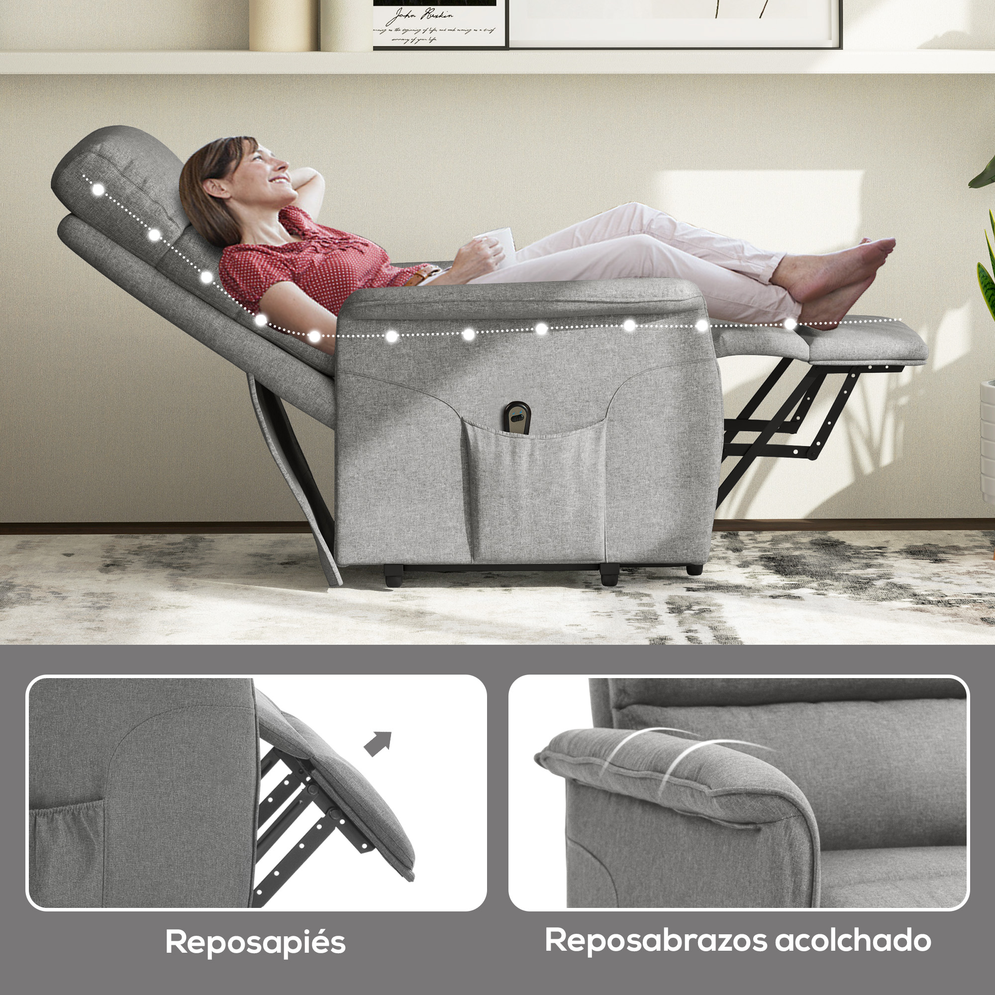 Mujer relajándose en un sillón reclinable gris con reposapiés extendido y brazos.