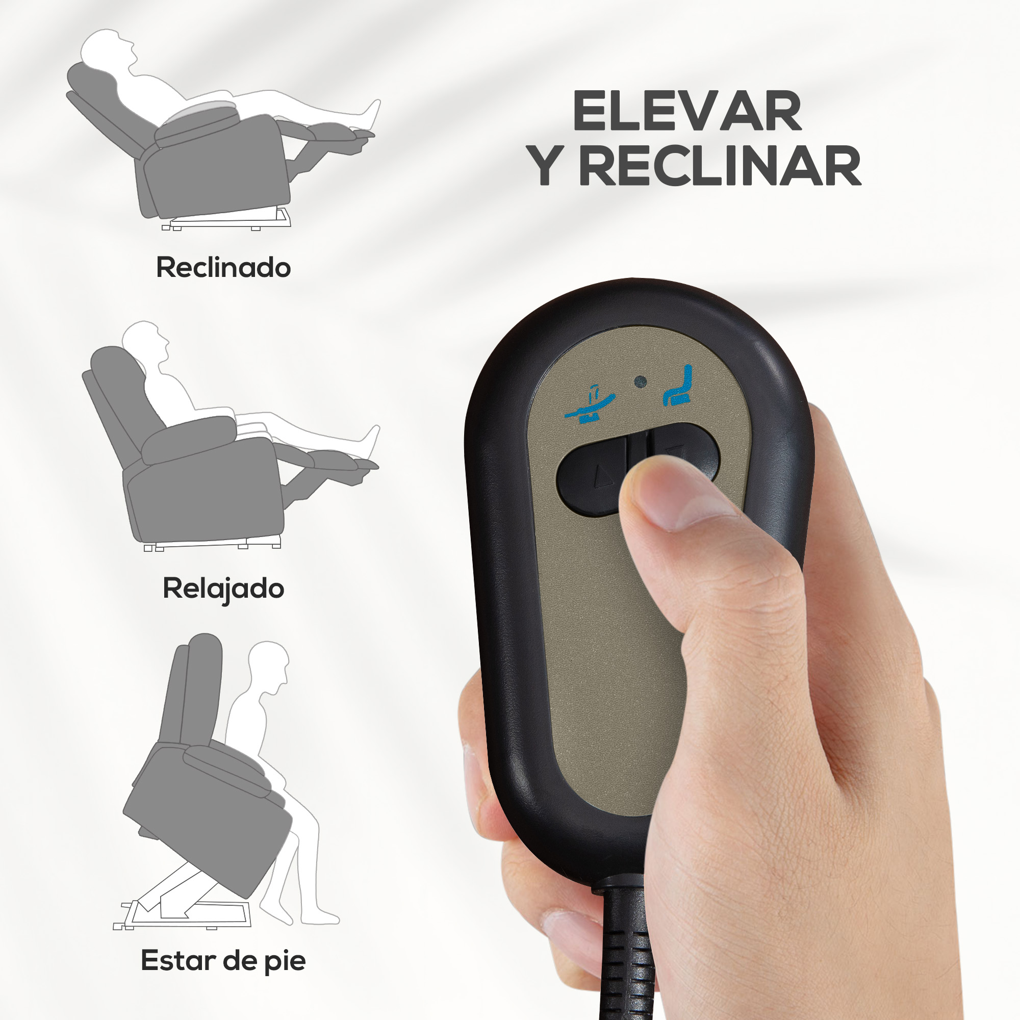 Mando a distancia eleva y reclina sillón en tres posiciones: reclinado, relajado, de pie.