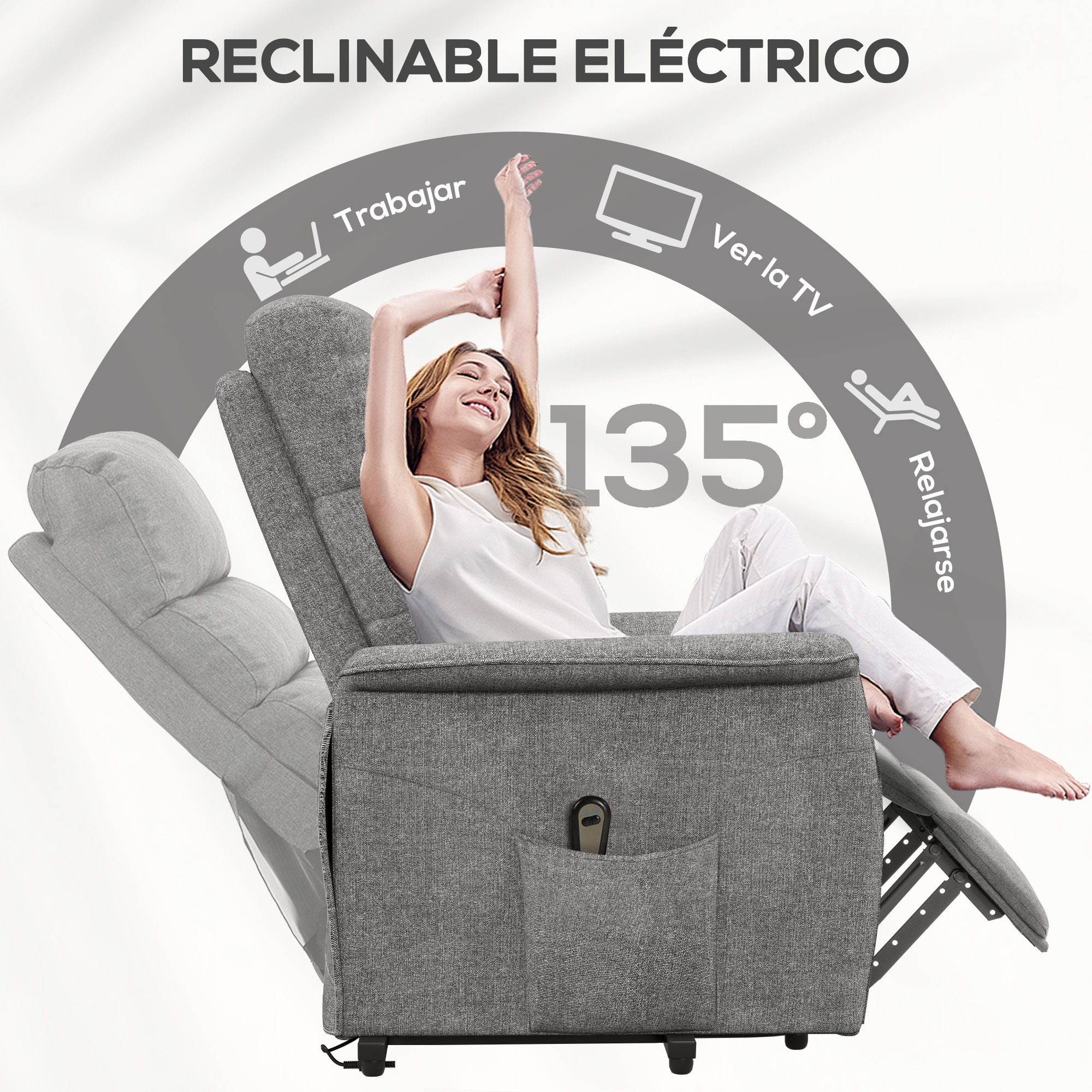 Sillón reclinable gris con mujer estirándose. Muestra 135° para relajarse.