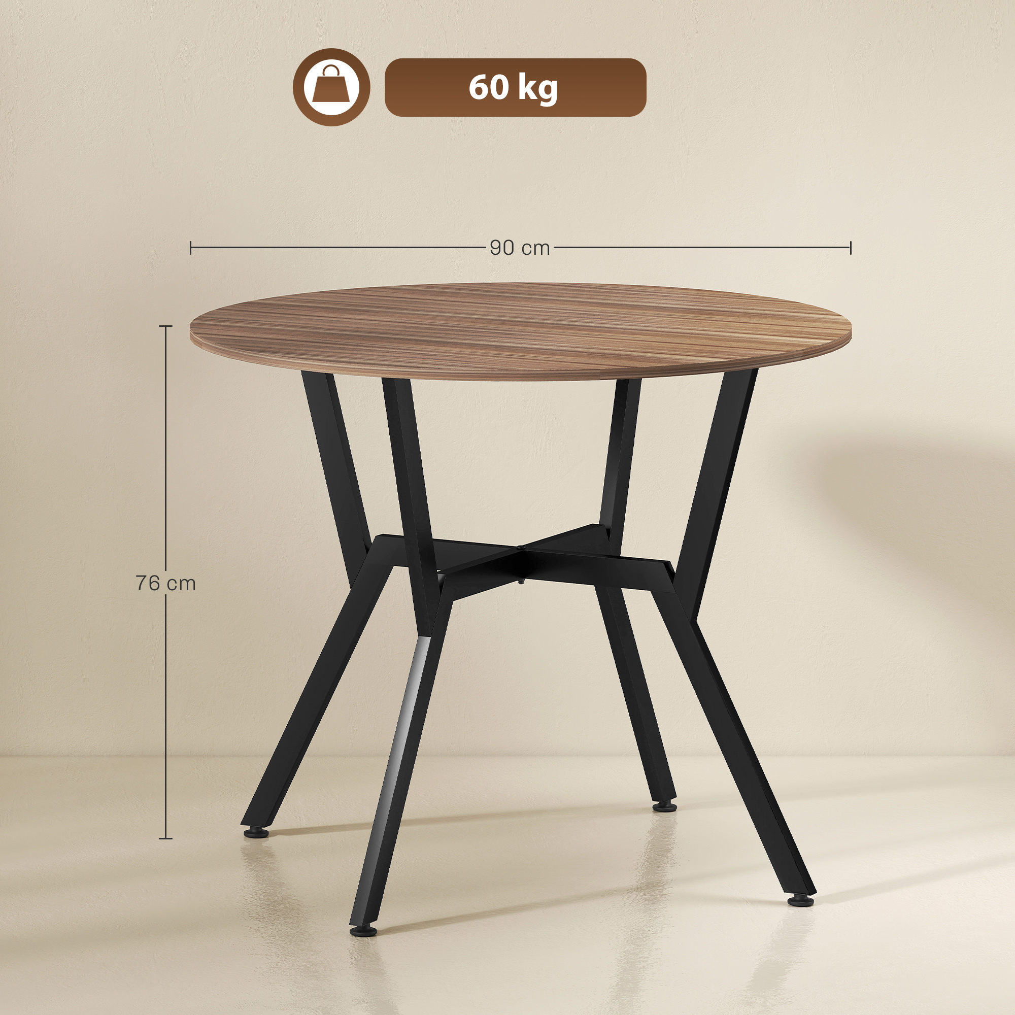 Mesa redonda con tapa de vetas de madera y patas metálicas negras. Mide 90cm de ancho, 76cm de alto.
