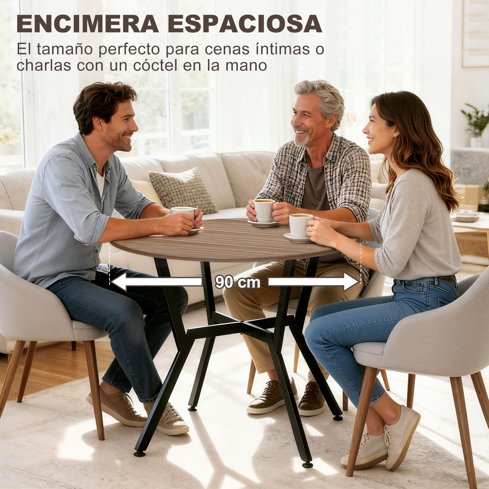Tres personas sentadas en una mesa redonda de 90 cm de diámetro.