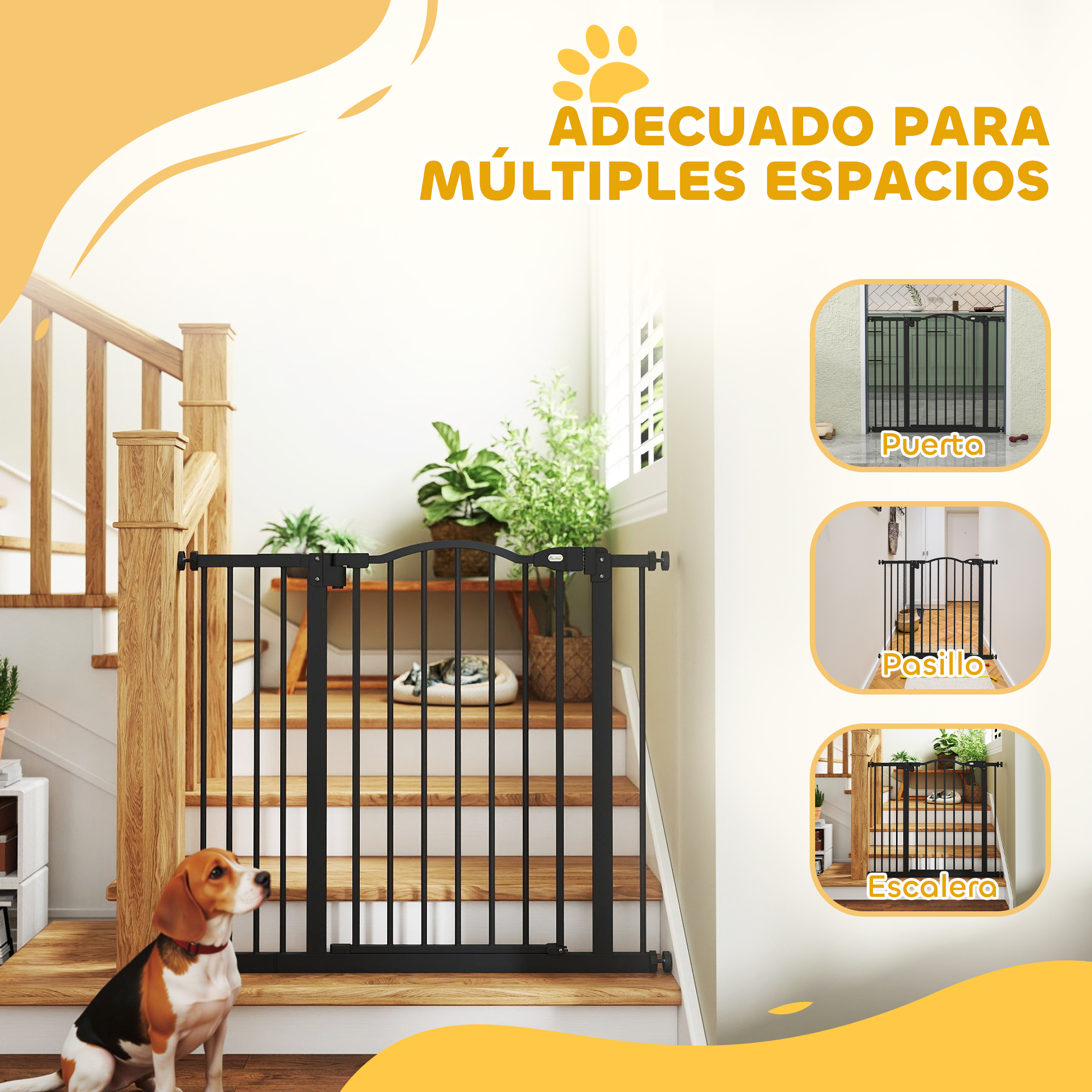 Un perro se sienta ante una barrera en escaleras. Imágenes muestran barreras para puertas, pasillos y escaleras.