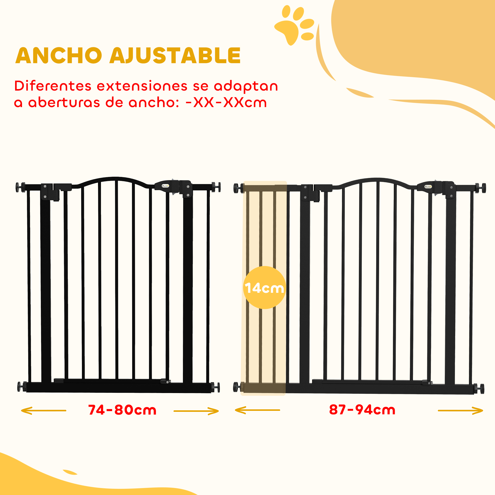 Puerta negra ajustable en dos anchos: 74-80cm y 87-94cm.