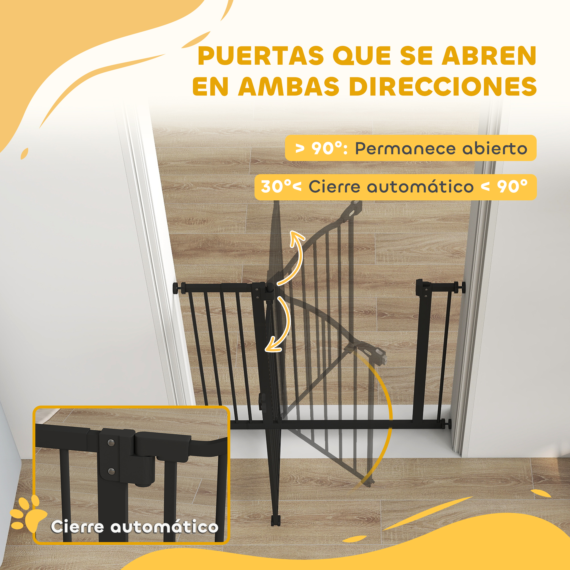 Una puerta de bebé negra con cierre automático, que se abre en ambas direcciones.