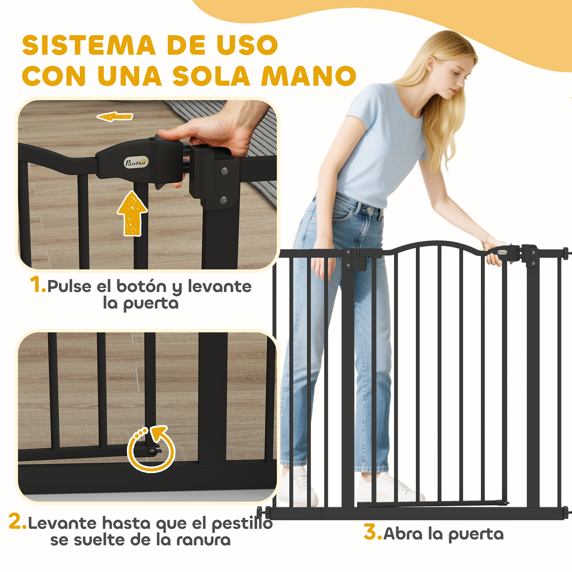 Mujer abre cancela negra con una mano. Pasos de instrucciones son visibles.