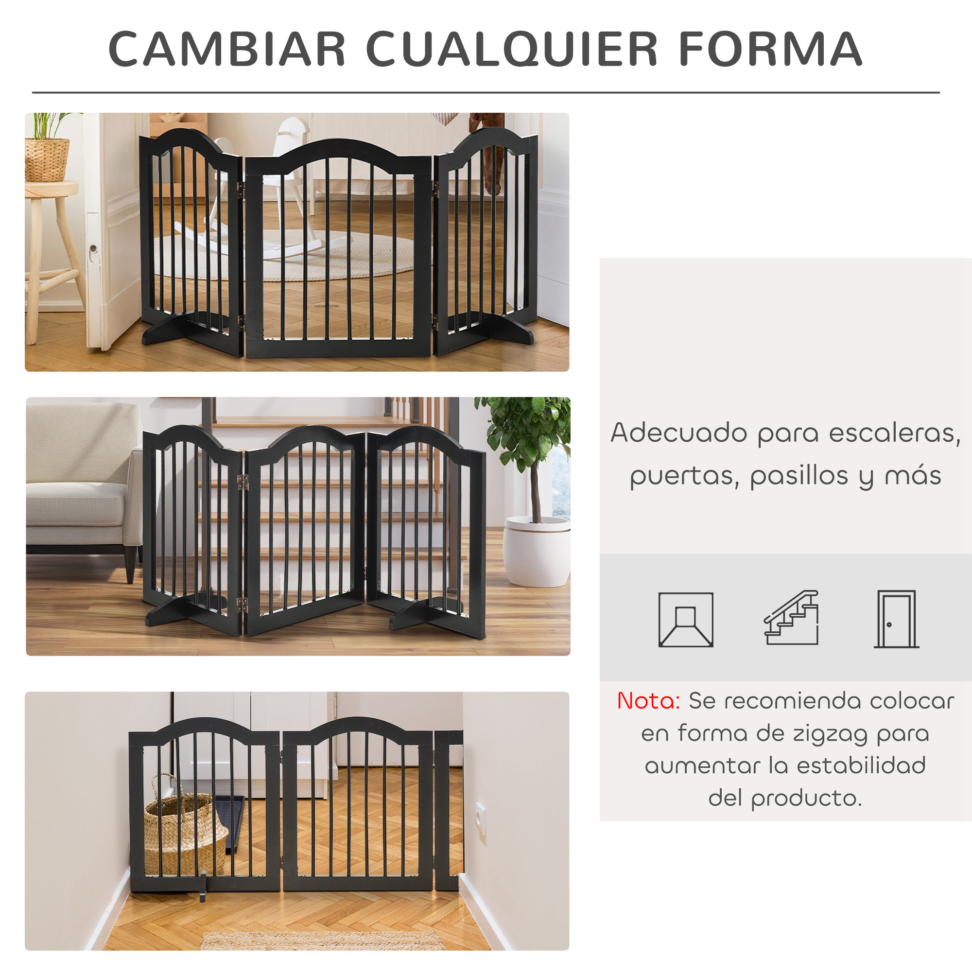 Se muestra una barrera de madera plegable negra en varios entornos.