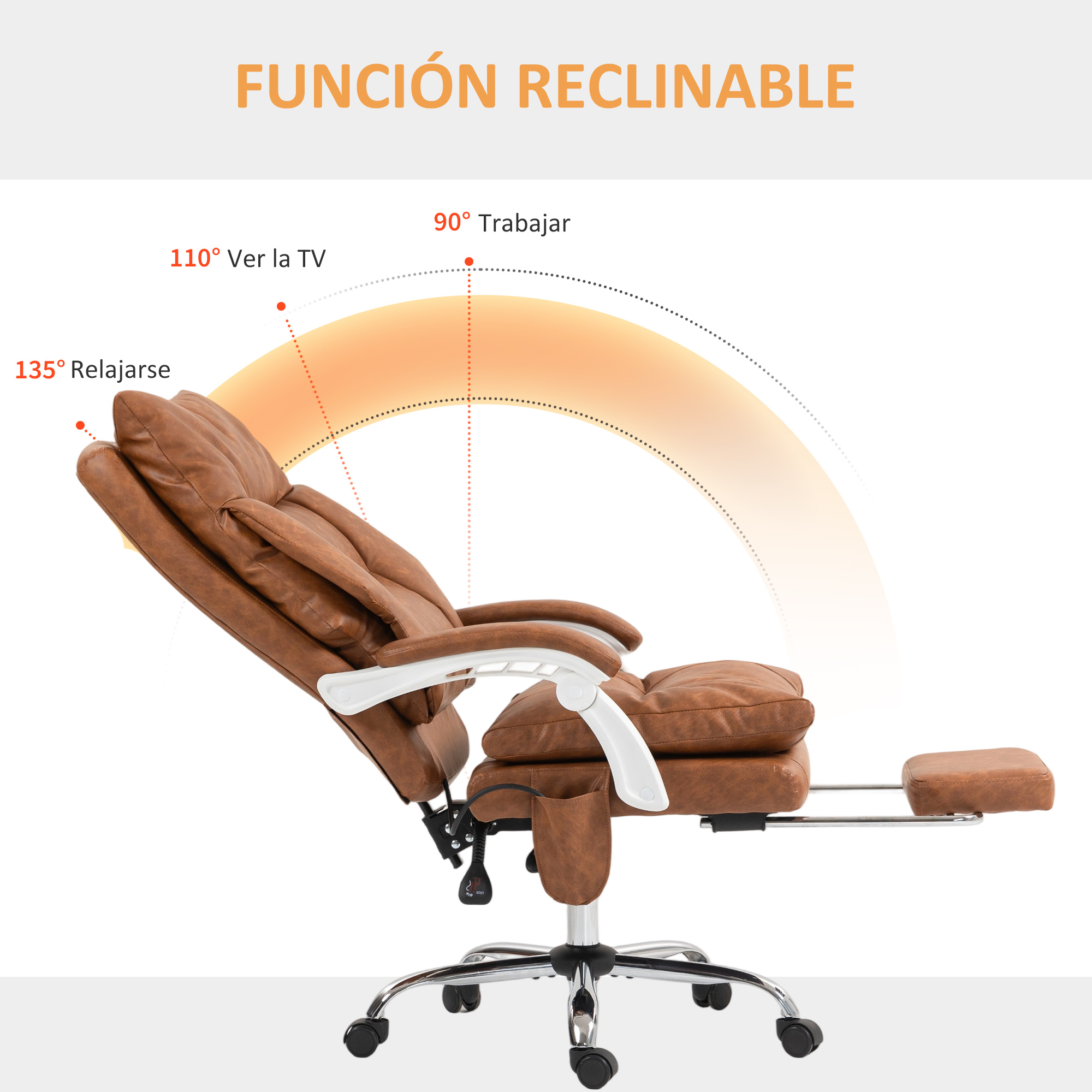 Un sillón de oficina marrón con reposapiés reclinable mostrando ángulos.