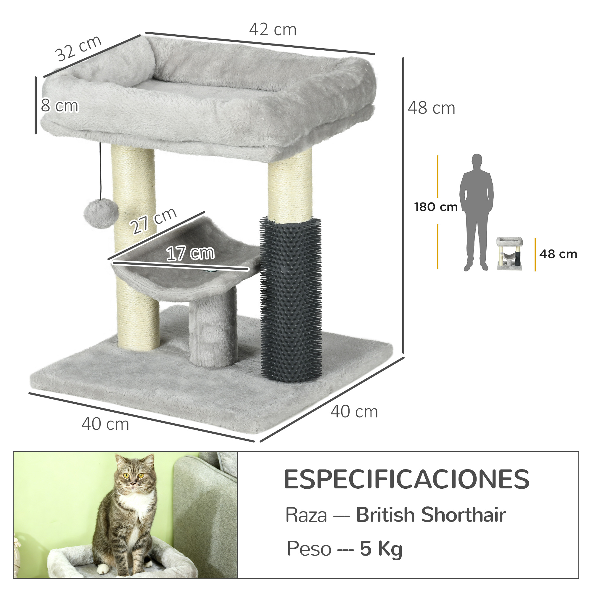 Árbol rascador gris con hamaca, juguete y postes rascadores. Se muestran dimensiones.