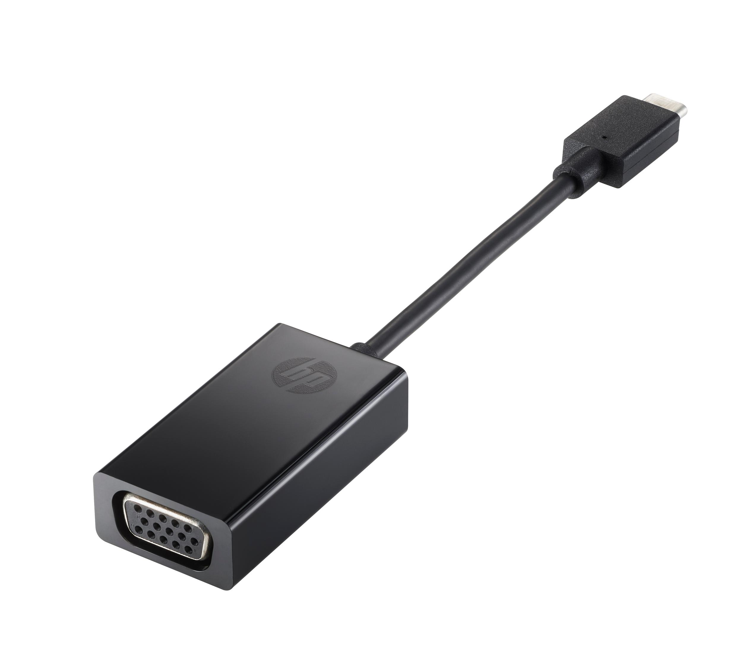 Adattatore HP nero con connettori USB-C e VGA su sfondo bianco.