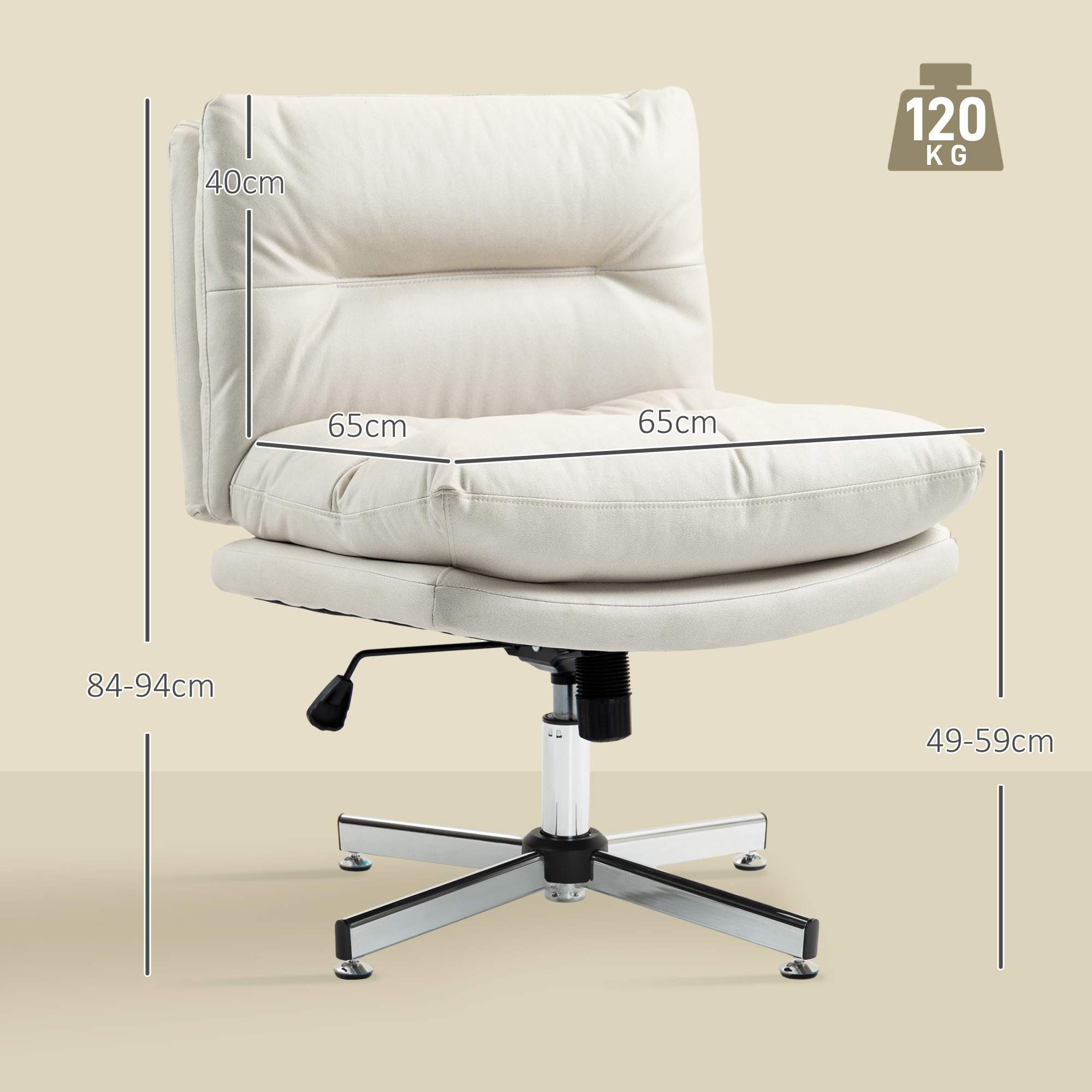 Silla de oficina beige con dimensiones. Peso máximo 120 kg.