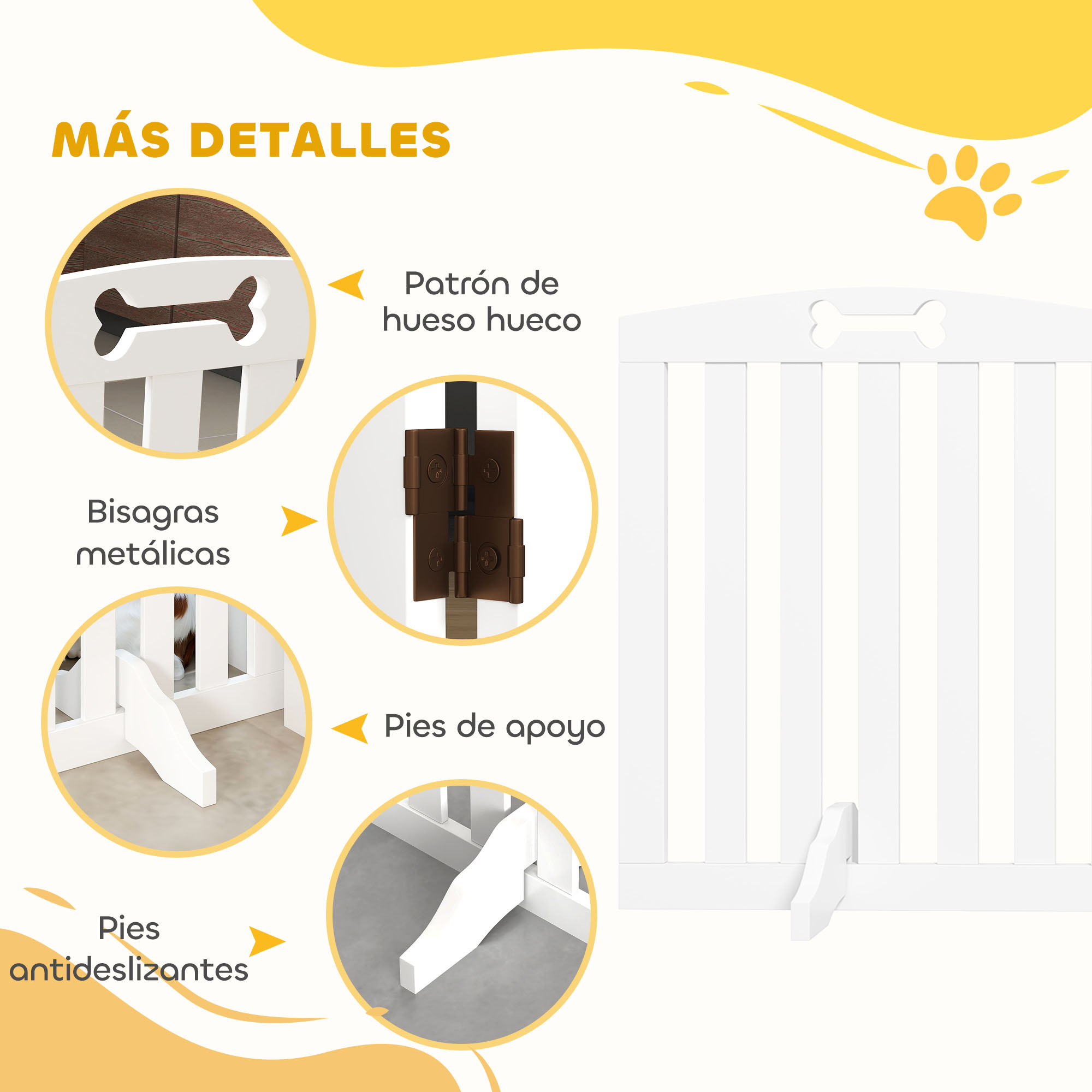 Detalles de puerta blanca: patrón de hueso, bisagras, pies de apoyo y pies antideslizantes.