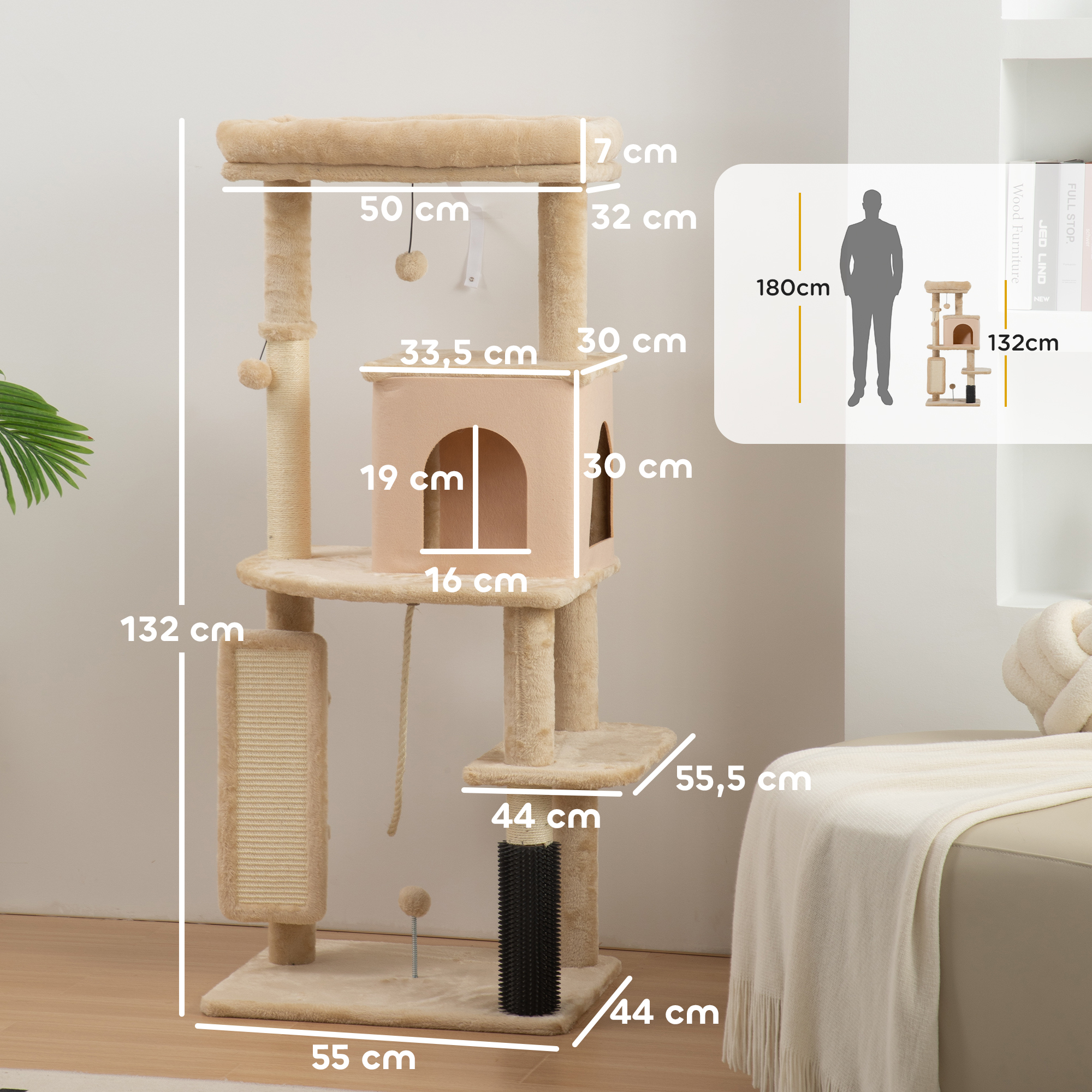 Un árbol para gatos beige de varios niveles con casa, plataformas y juguetes.