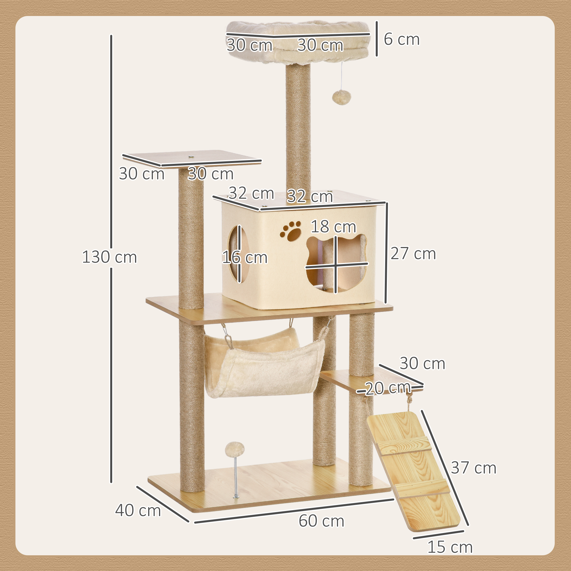 Un árbol rascador beige de varios niveles con hamaca y escalera, mostrando medidas.