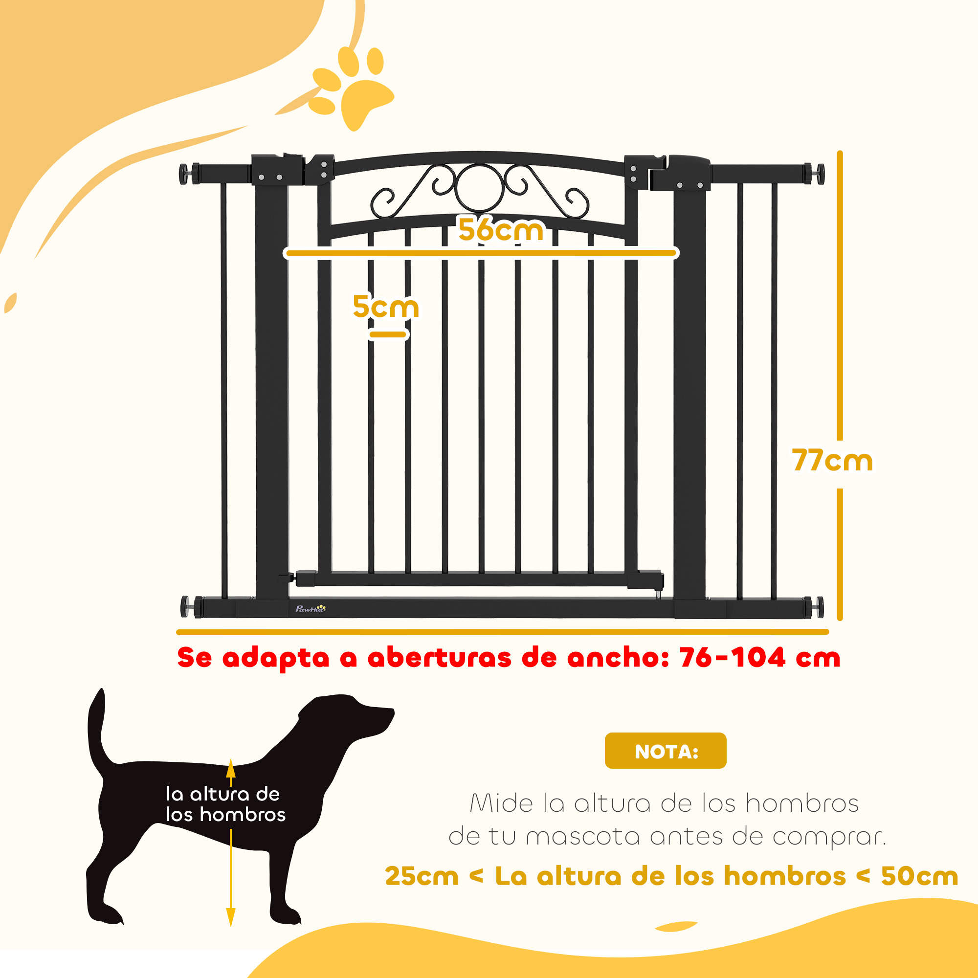 Reja negra para mascotas con medidas: 77cm alto, 56cm ancho, 5cm espacio. Para 76-104cm.