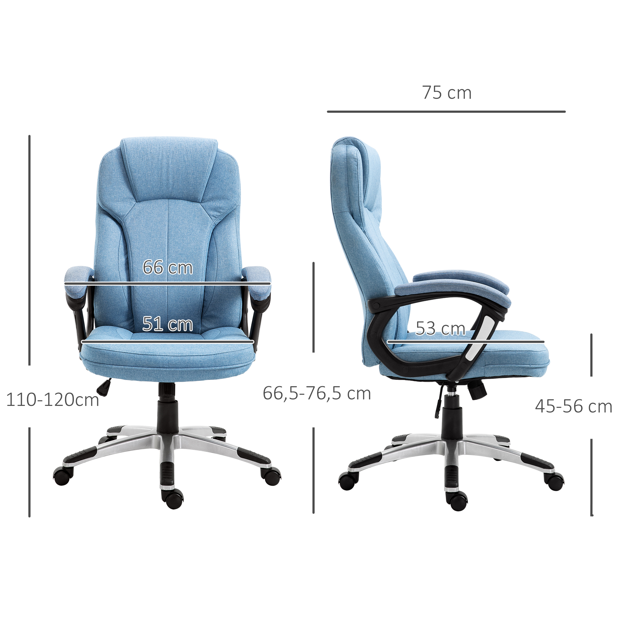 Silla de oficina azul, vistas frontal y lateral con medidas.